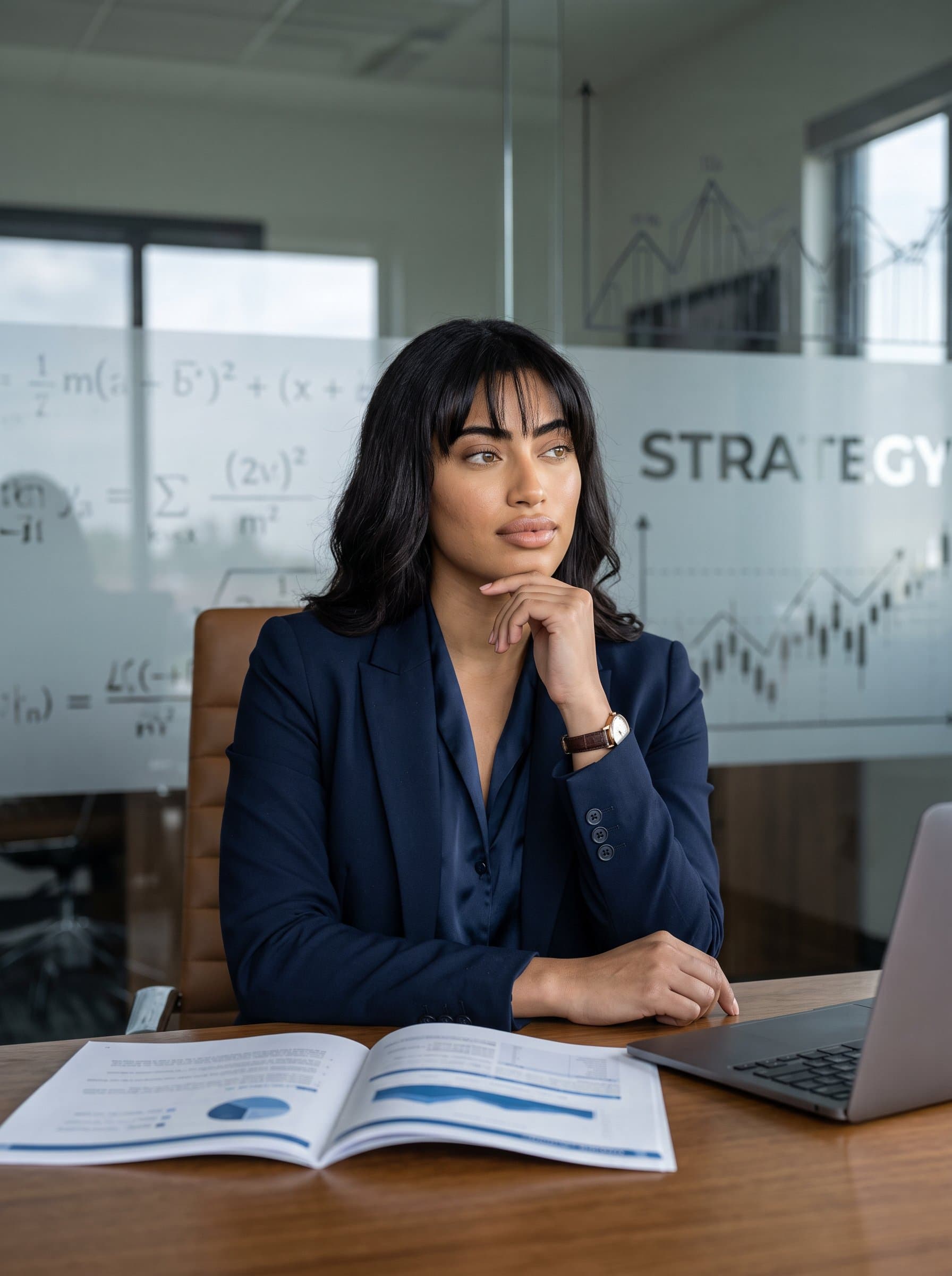 : Generate a professional image of an insurance strategist, their thoughtful pose complemented by a background featuring subtle elements of mathematics or finance, symbolizing analytical skills and precision.