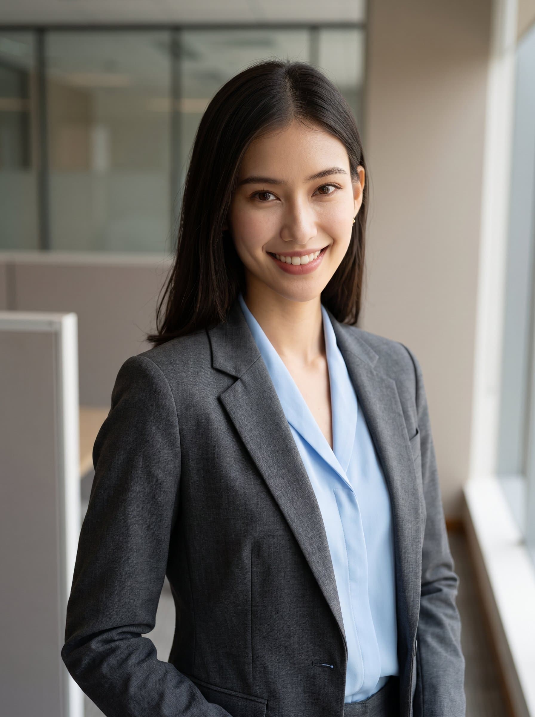 : Design a headshot of an insurance manager, captured from a slightly elevated angle for a dynamic perspective, with a neutral color palette background to emphasize their leadership and vision in the industry.