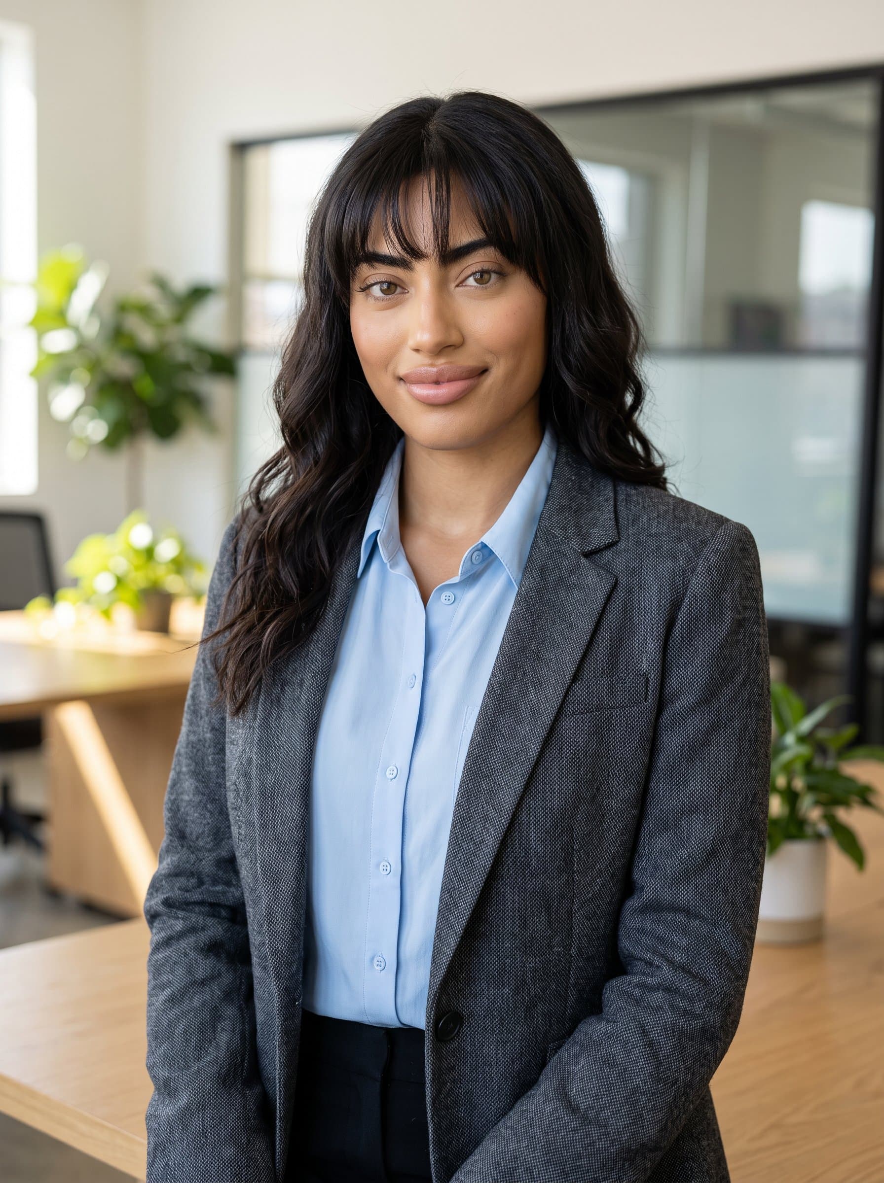 : Design a polished headshot featuring an insurance specialist in business casual attire, with a gentle, inviting smile, set against a softly lit office environment that suggests both professionalism and accessibility.