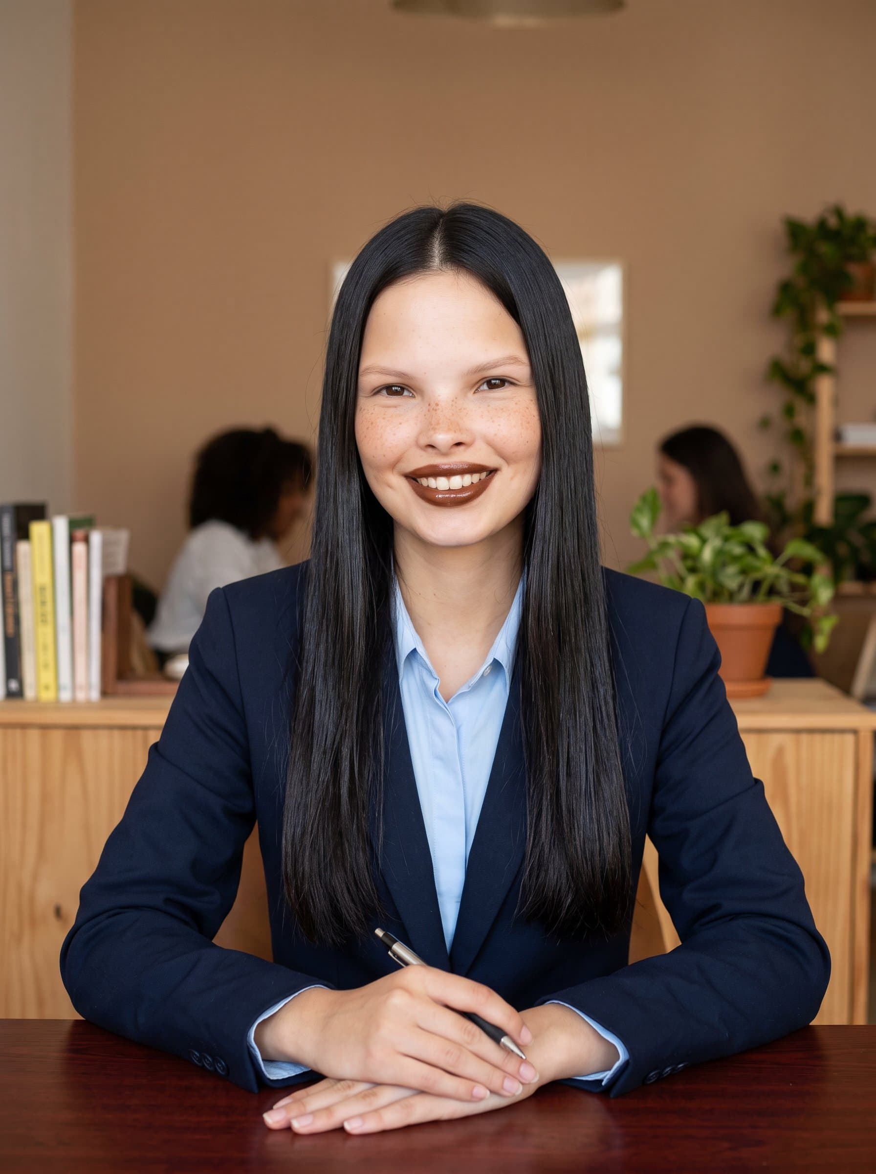 : Design an engaging photo of an insurance associate, featuring a thoughtful, composed demeanor, with a background of soft earth tones to create warmth and a connection with clients from the very first glance.