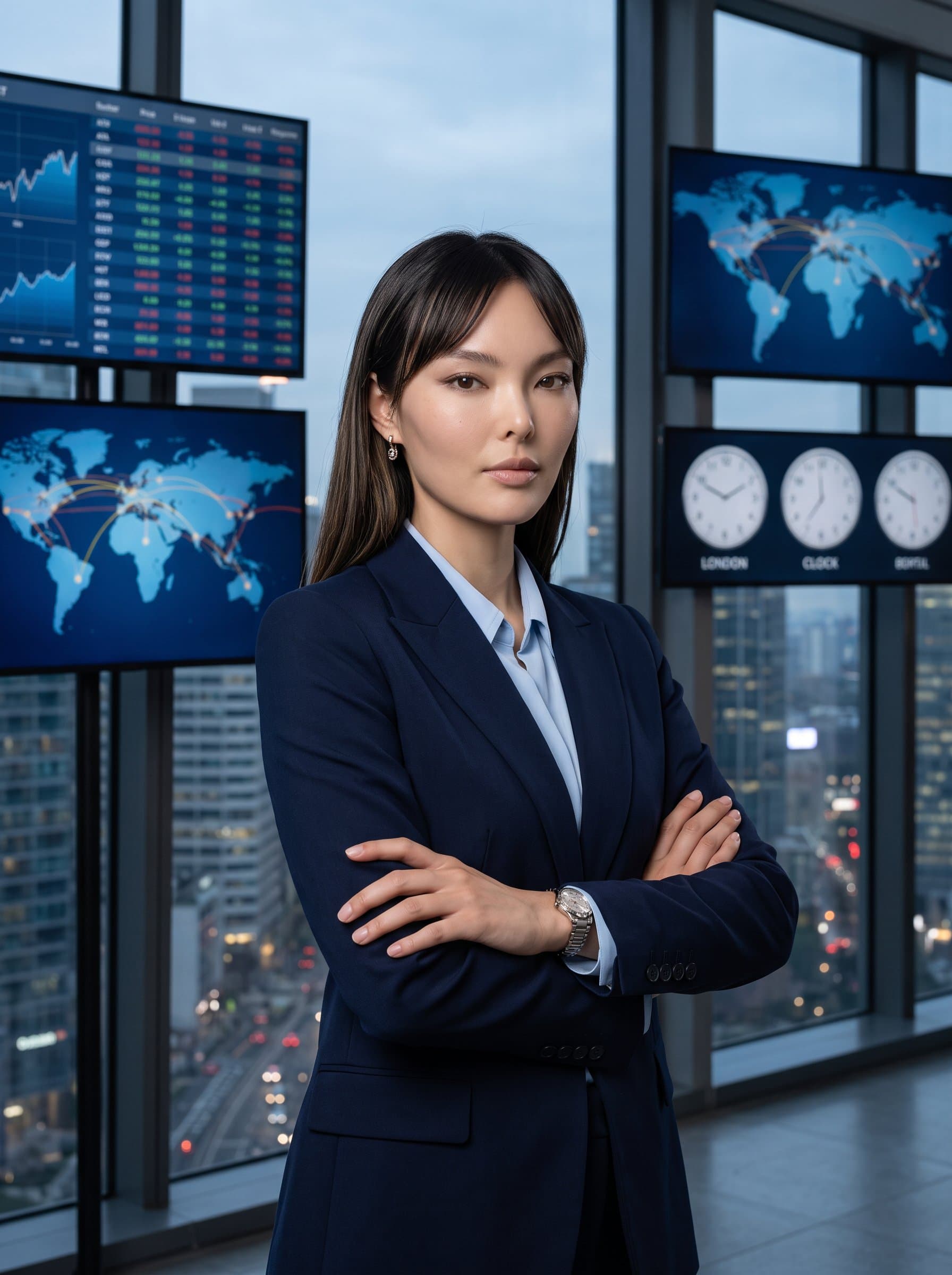 : Design a professional photo of an insurance broker, with an intent yet tranquil expression, posed against a backdrop suggesting elements of the global market, emphasizing their international perspective and adaptability.