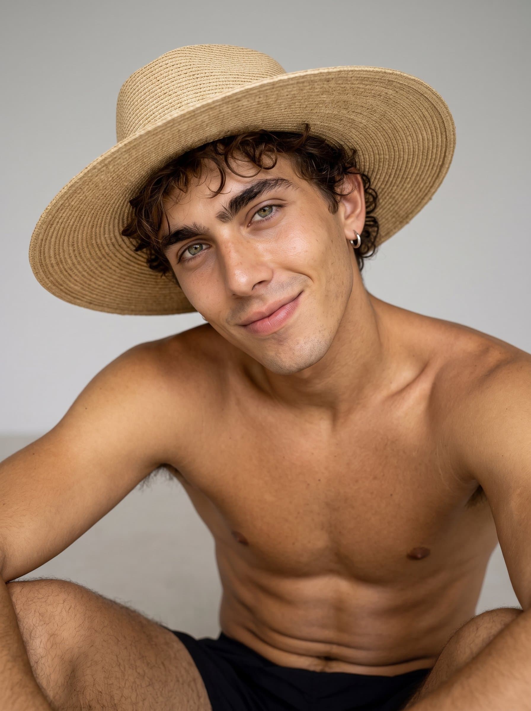 : Photograph a playful, slightly tilted head expression, utilizing gentle lighting to enhance the facial contours, ensuring a neutral setting to focus on the actor's dynamic personality.