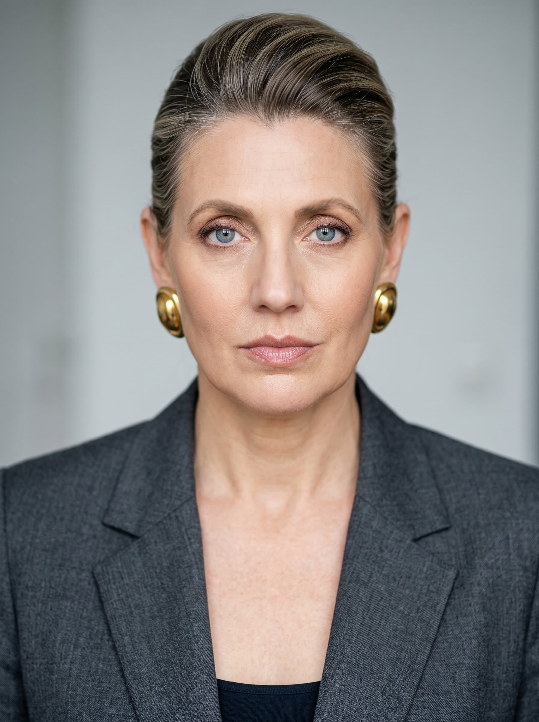 : Capture a neutral yet engaging expression with direct lighting to highlight facial symmetry, set against an understated background, ideal for showcasing adaptability in entertainment roles.