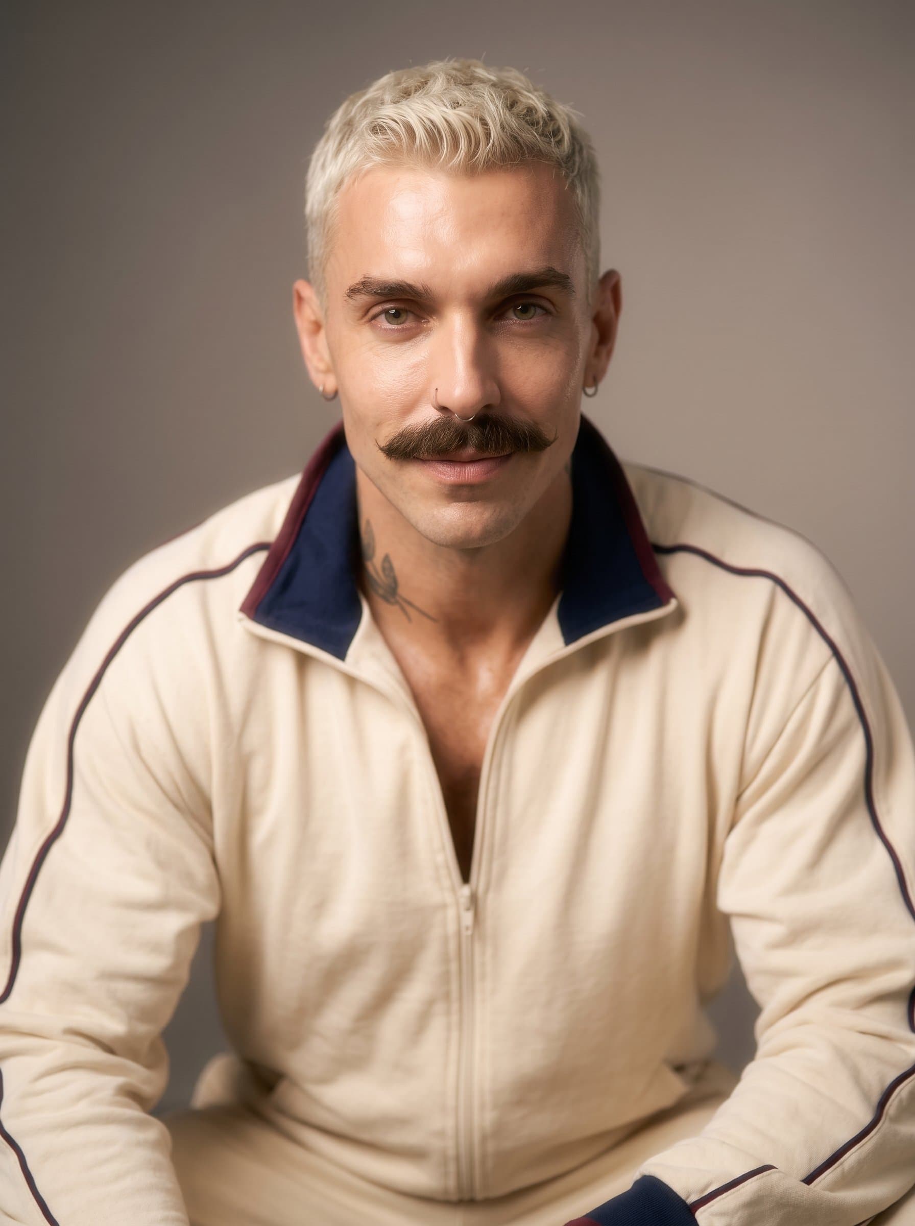 : Create a soft expression with a hint of intrigue, using diffused lighting to smooth facial lines, against an understated backdrop to highlight the actor's potential for varied roles.