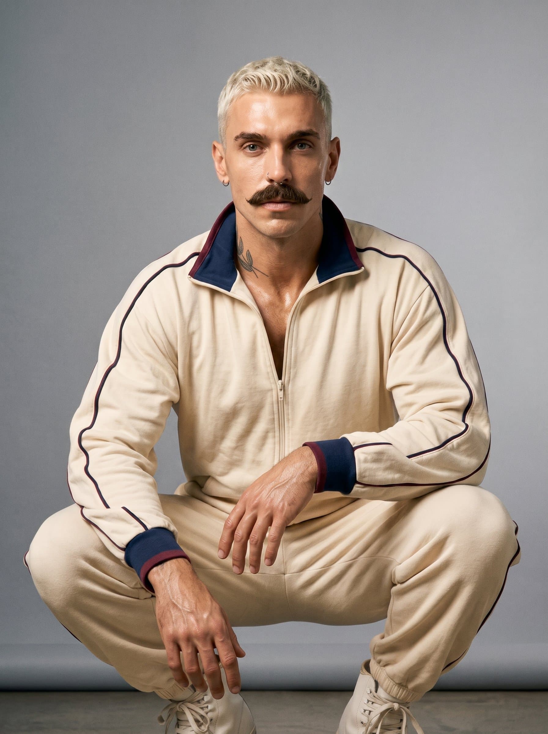 : Capture a bold and confident stare, with lighting that accentuates the jawline and cheekbones, ensuring a neutral gray background that enhances the commanding presence of the actor.