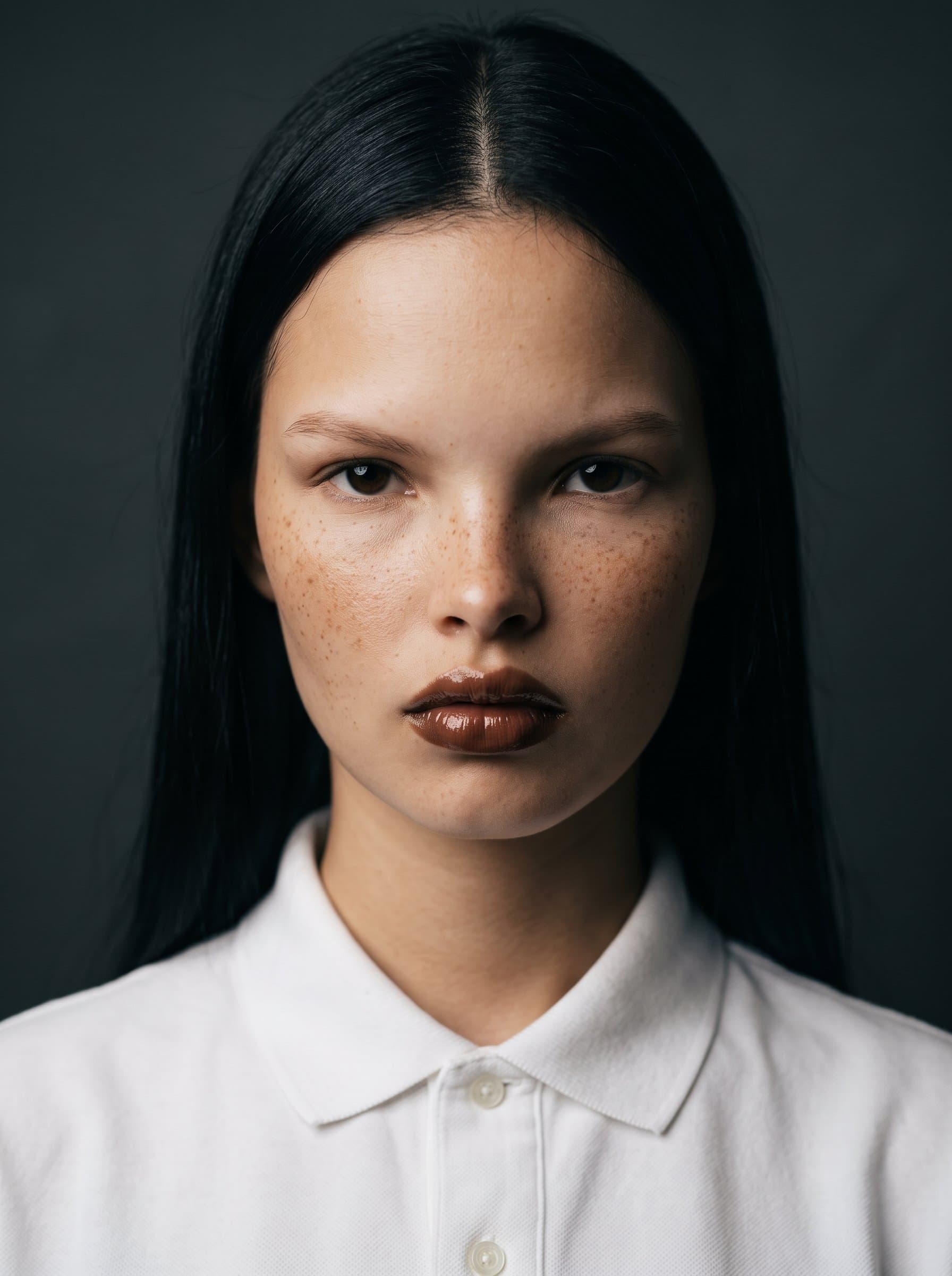 : Emphasize a serious, contemplative expression with lighting that casts soft shadows, highlighting the eyebrow arch and cheekbones, against a muted background for a dramatic and intense headshot.