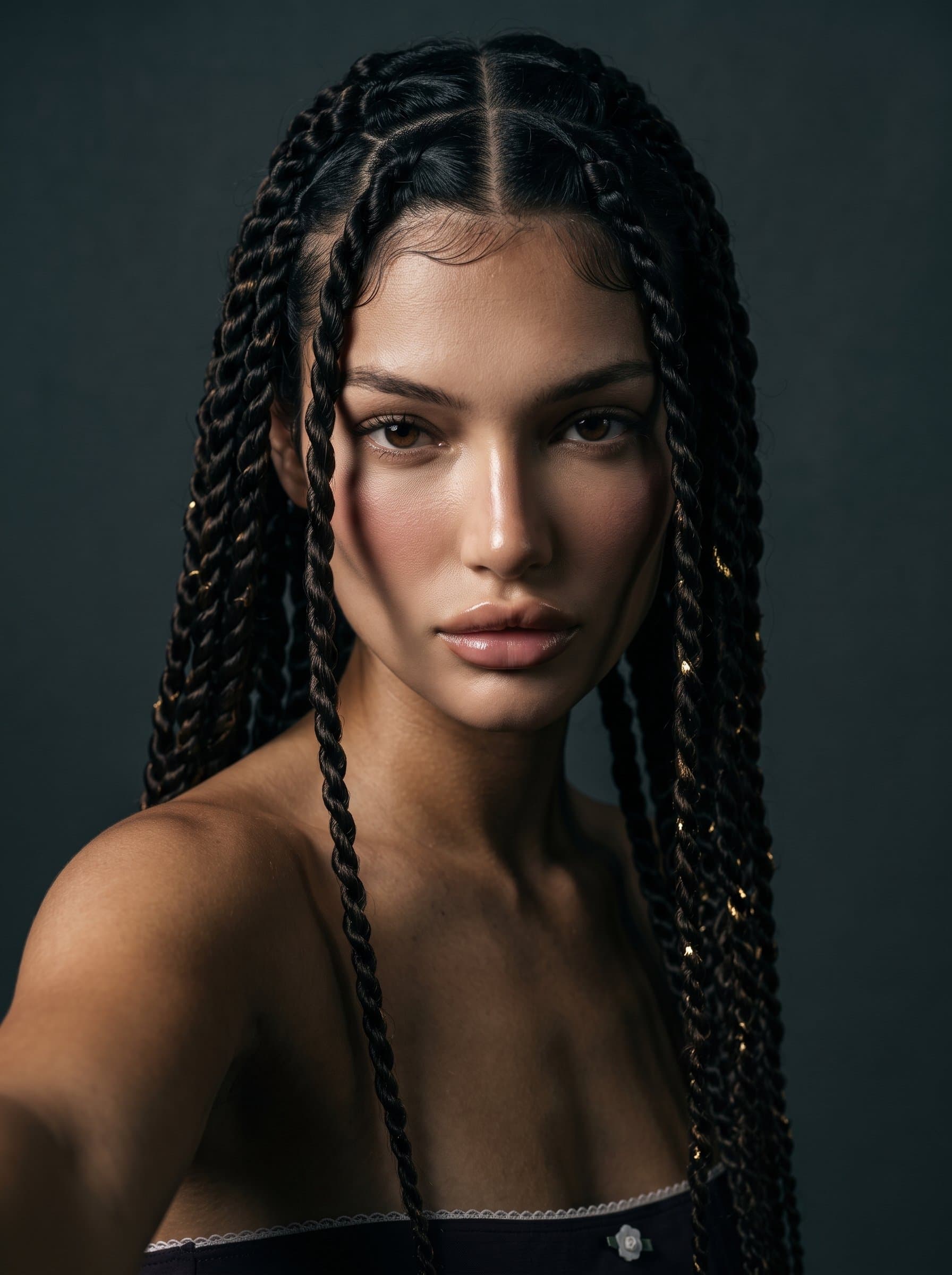 : Emphasize a determined and focused gaze with dramatic lighting to contour the face, using a muted, solid background to highlight the strength and conviction of the performer.
