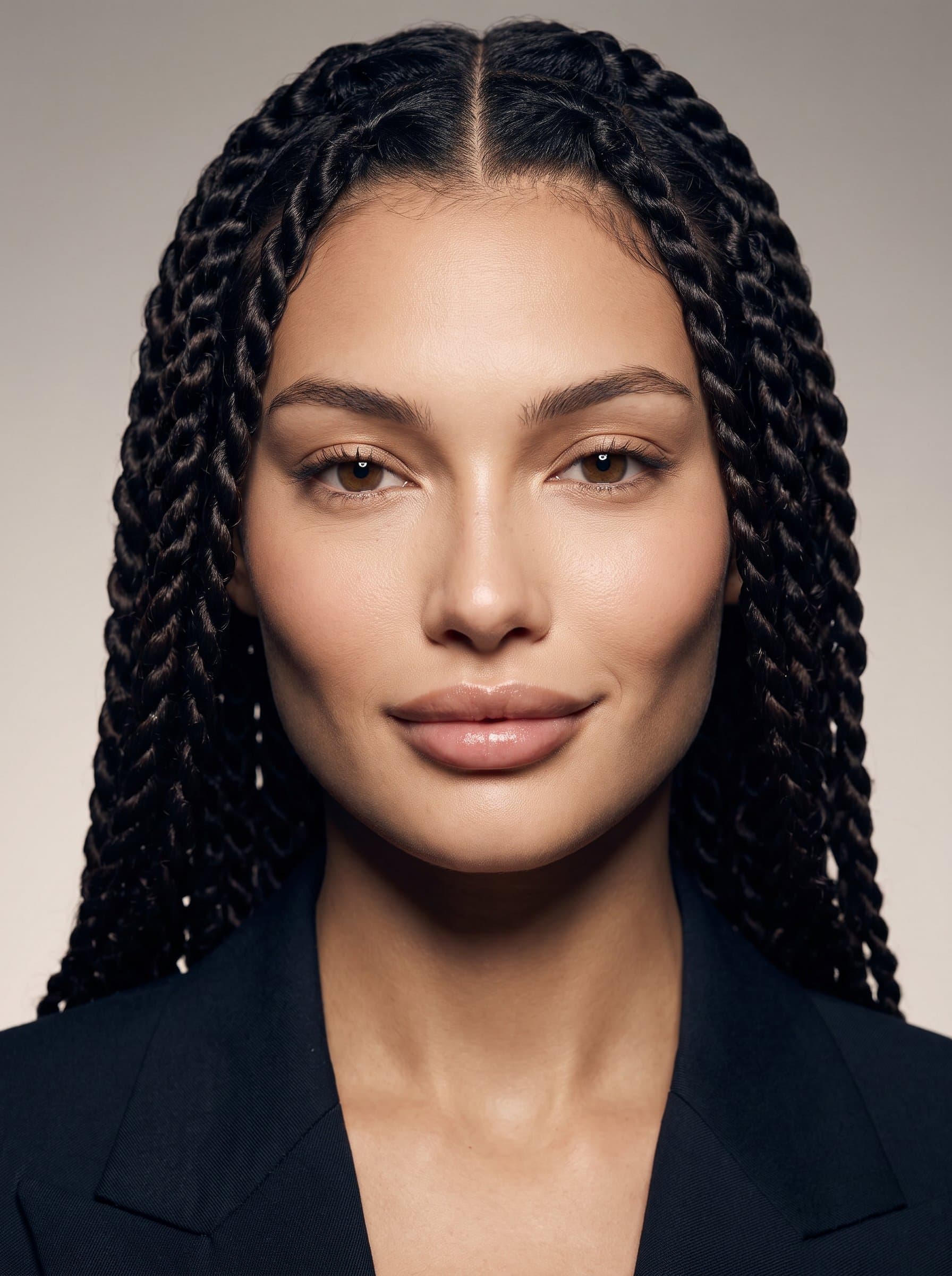 : Capture a serene expression with balanced lighting highlighting the jawline, set against a neutral gradient backdrop, giving the impression of sincerity and depth for an entertainment professional headshot.