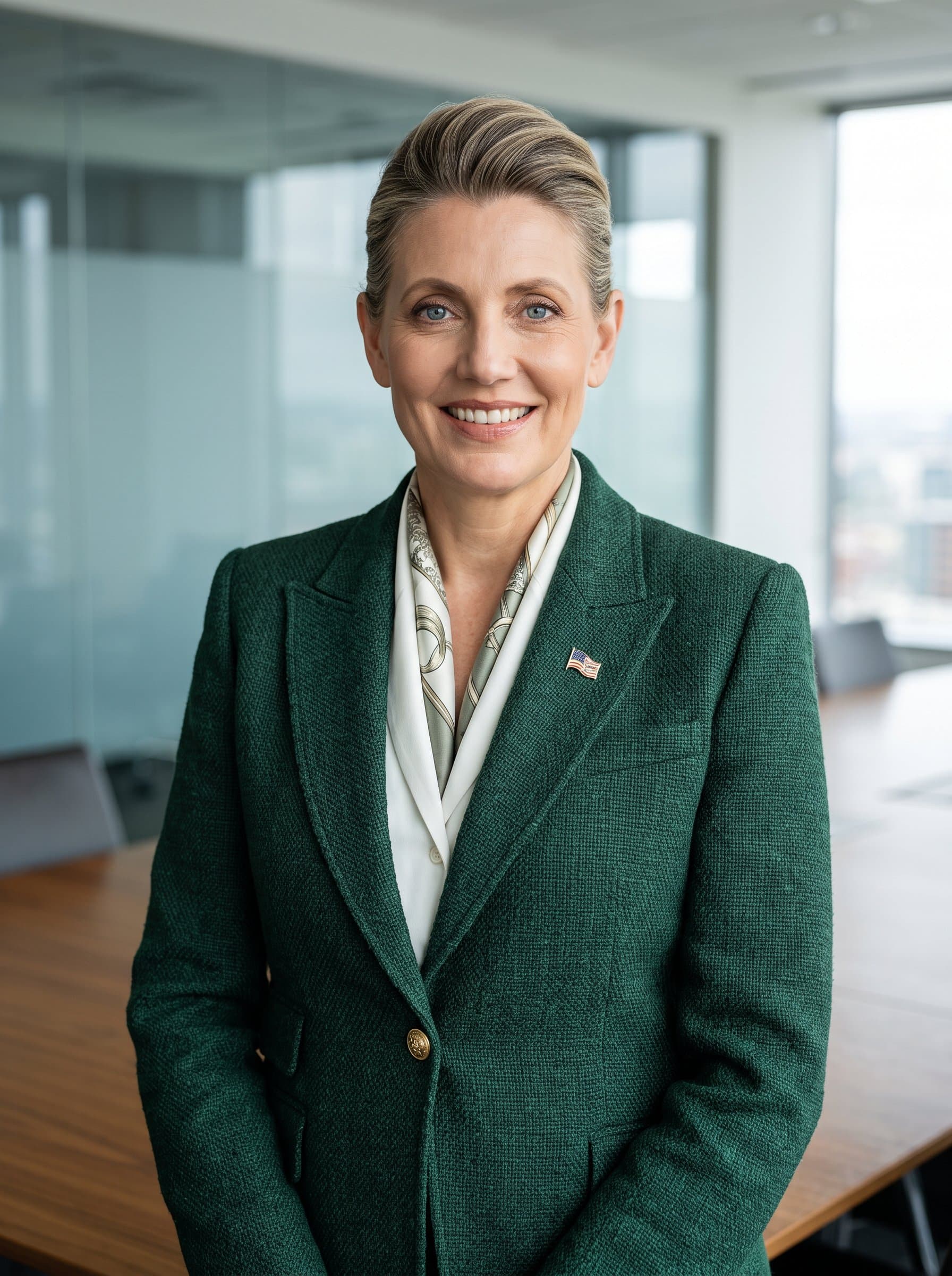 : Headshot of a government employee standing confidently in a modern conference room, wearing a dark green blazer, exuding competence and friendliness, perfect for a business card. Photorealistic.