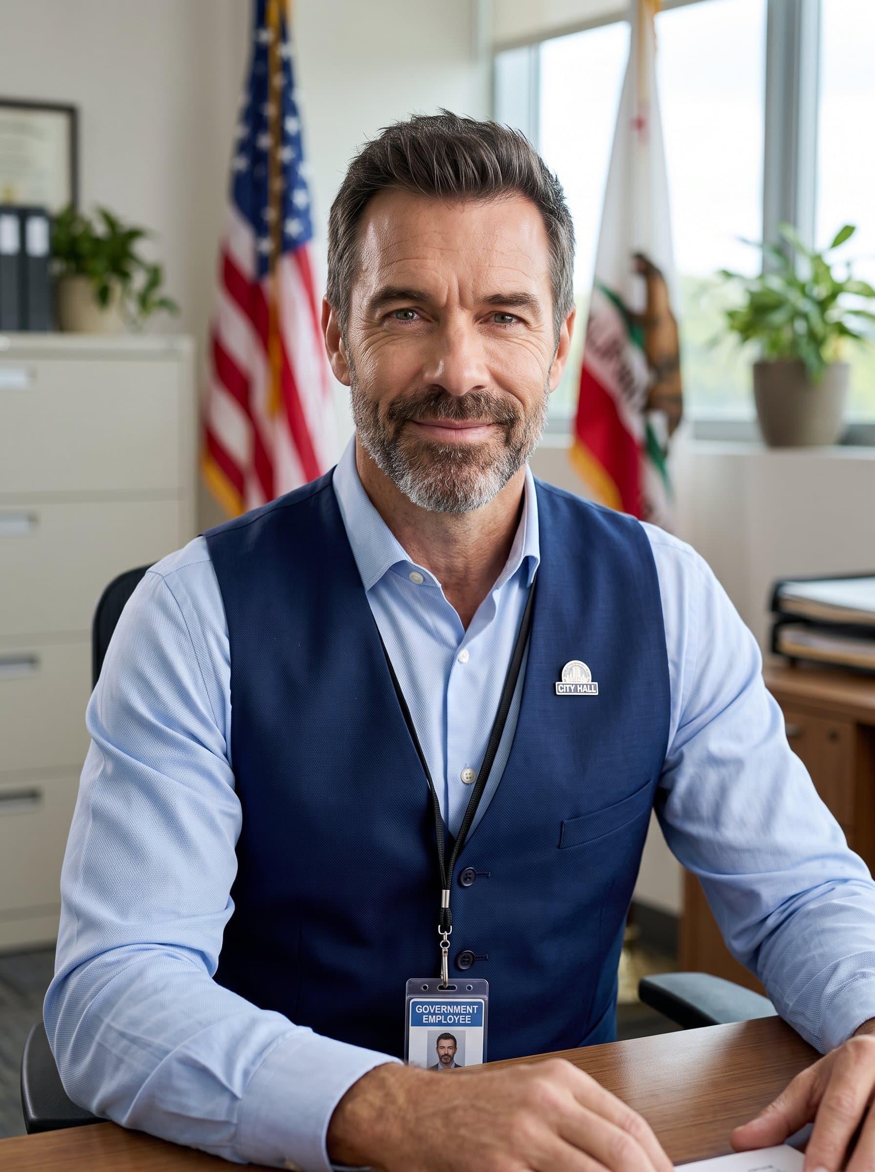 : Capture the essence of a government employee smiling gently, wearing a light blue button-up shirt under a tailored vest, to convey trustworthiness and approachability. Photorealistic.