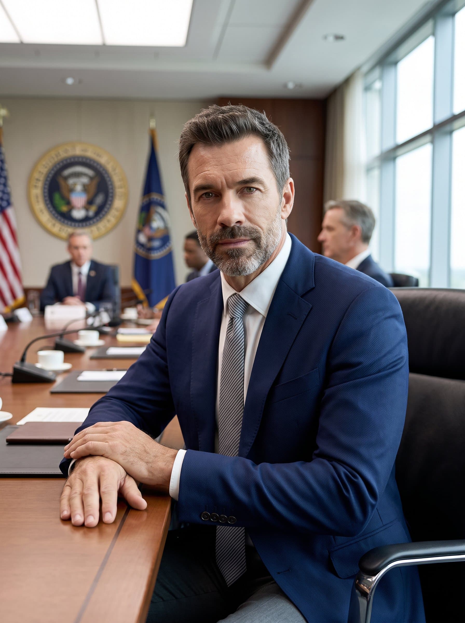 : Portrait of a government employee sitting at a meeting table, wearing a navy blue blazer, hands placed naturally on the table, conveying a sense of leadership and accessibility. Photorealistic.