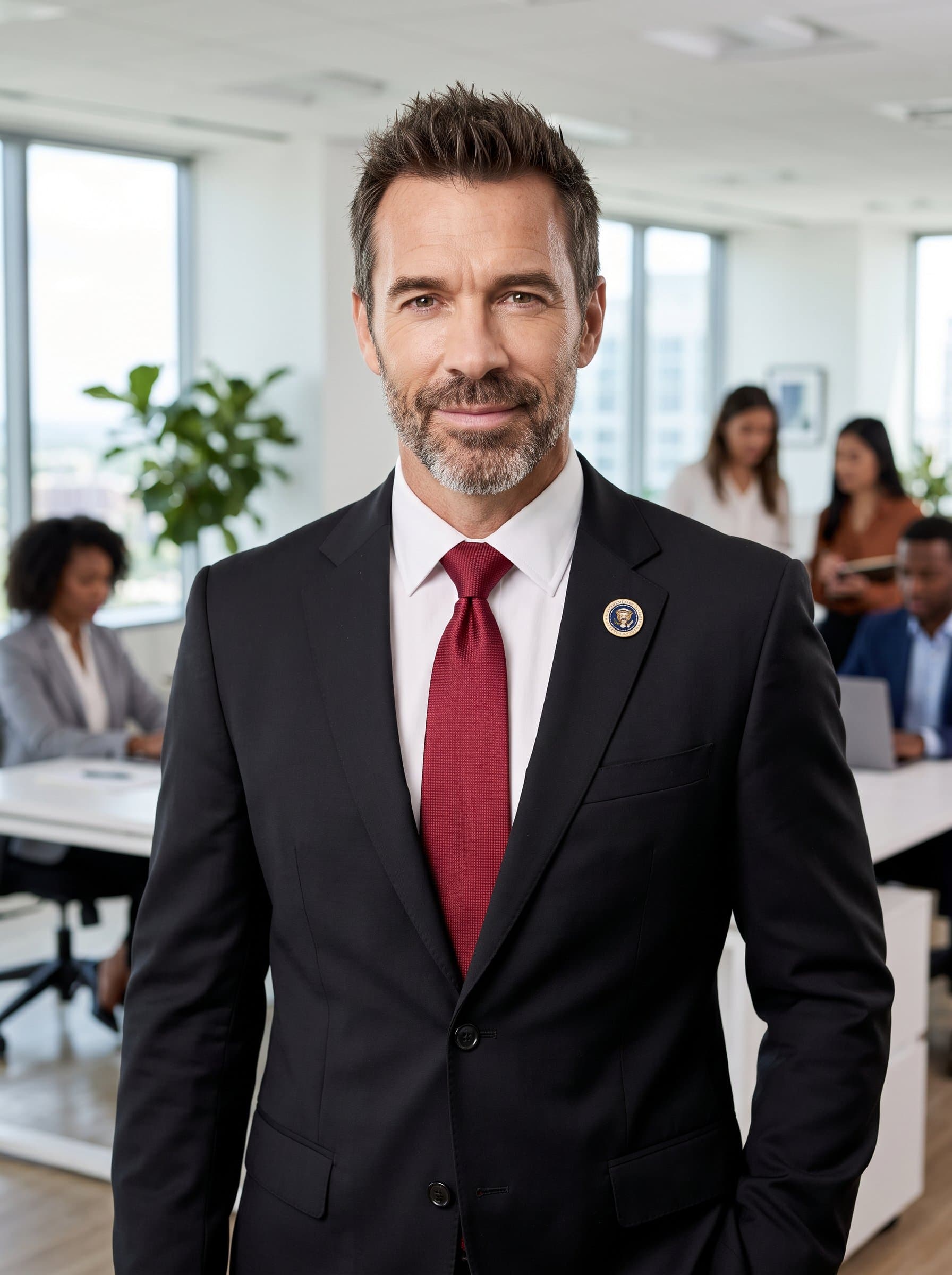 : Photorealistic headshot of a government employee in a contemporary office, wearing a classic black suit with a red tie, smiling subtly, conveying confidence and warmth. Photorealistic.