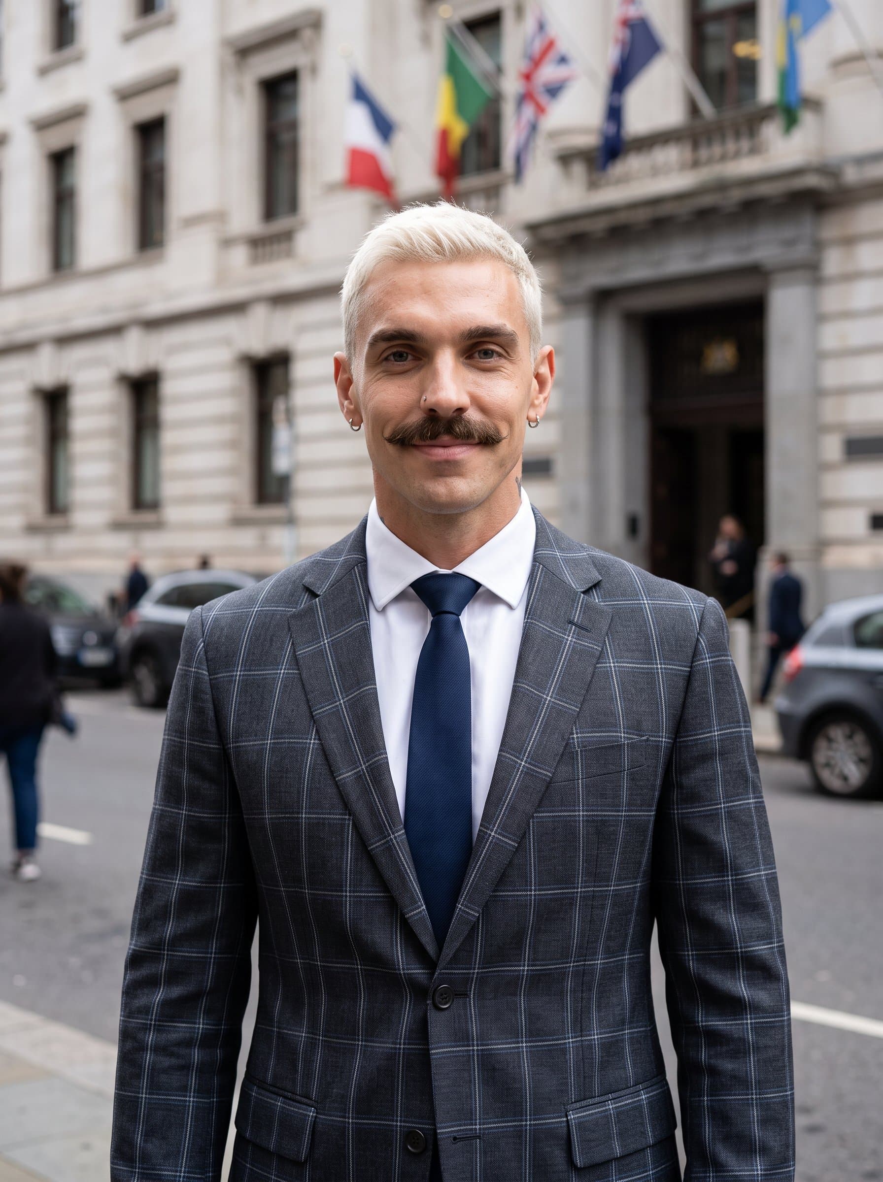 : Portrait of a government employee in an outdoor urban setting, wearing a charcoal suit with a light checkered pattern, looking into the camera with a calm and inviting expression. Photorealistic.