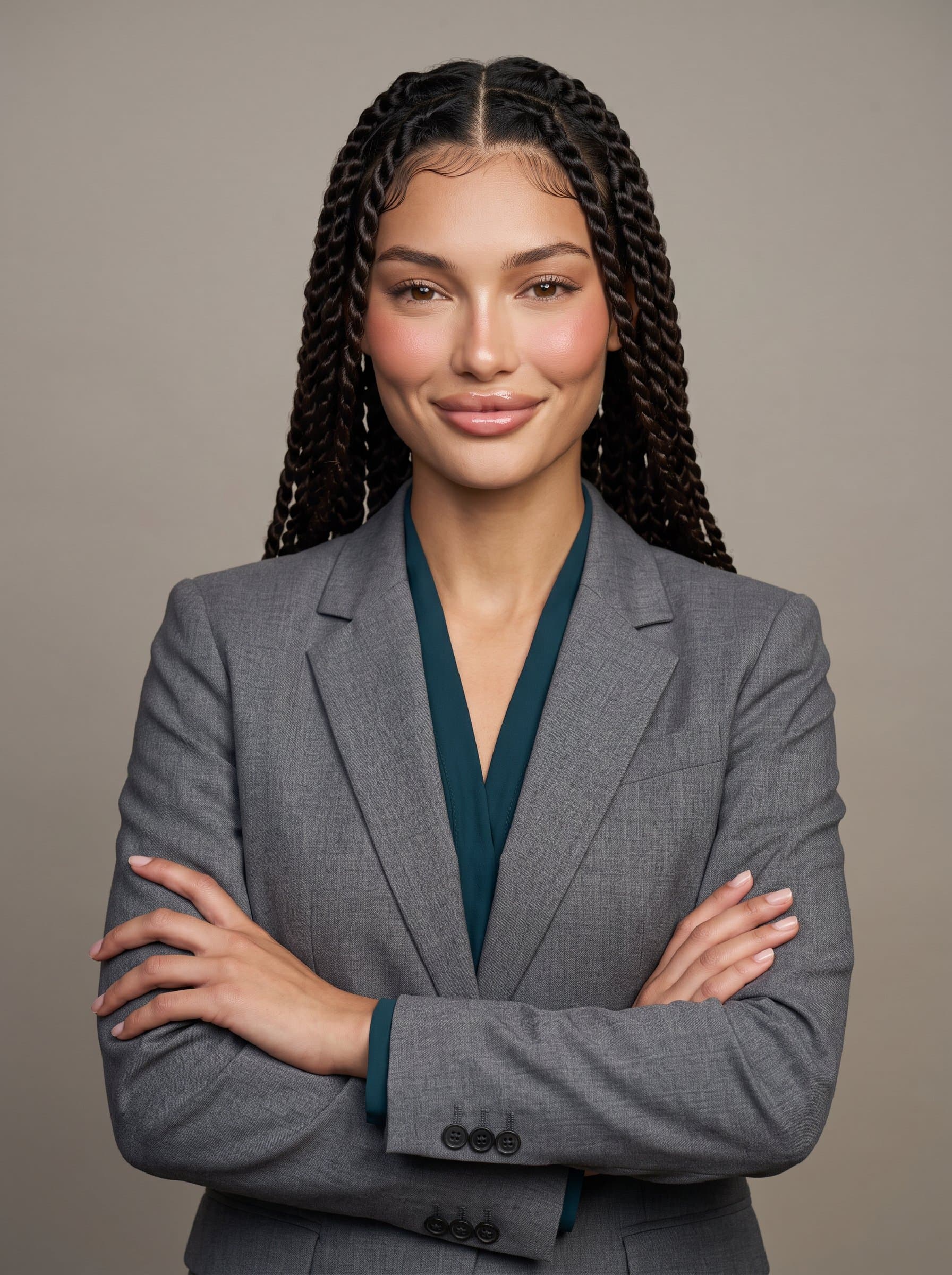 : Portrait of a government employee standing against a neutral background, wearing a tailored gray blazer, arms crossed, projecting authority and warmth for a professional networking profile. Photorealistic.