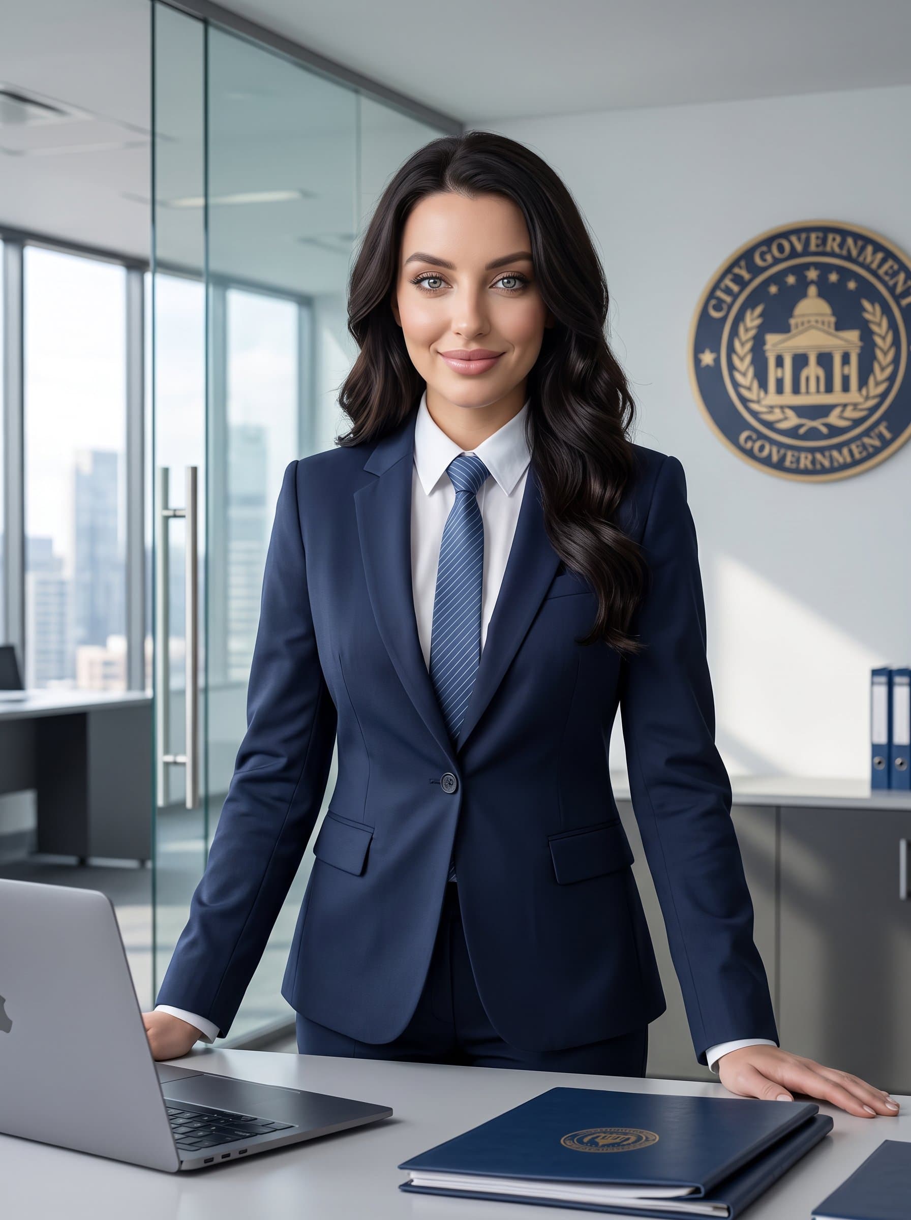 : Capture a government employee in a sleek modern office setting, wearing a navy blue suit with a subtle striped tie, showcasing a confident yet approachable demeanor ideal for official documentation. Photorealistic.