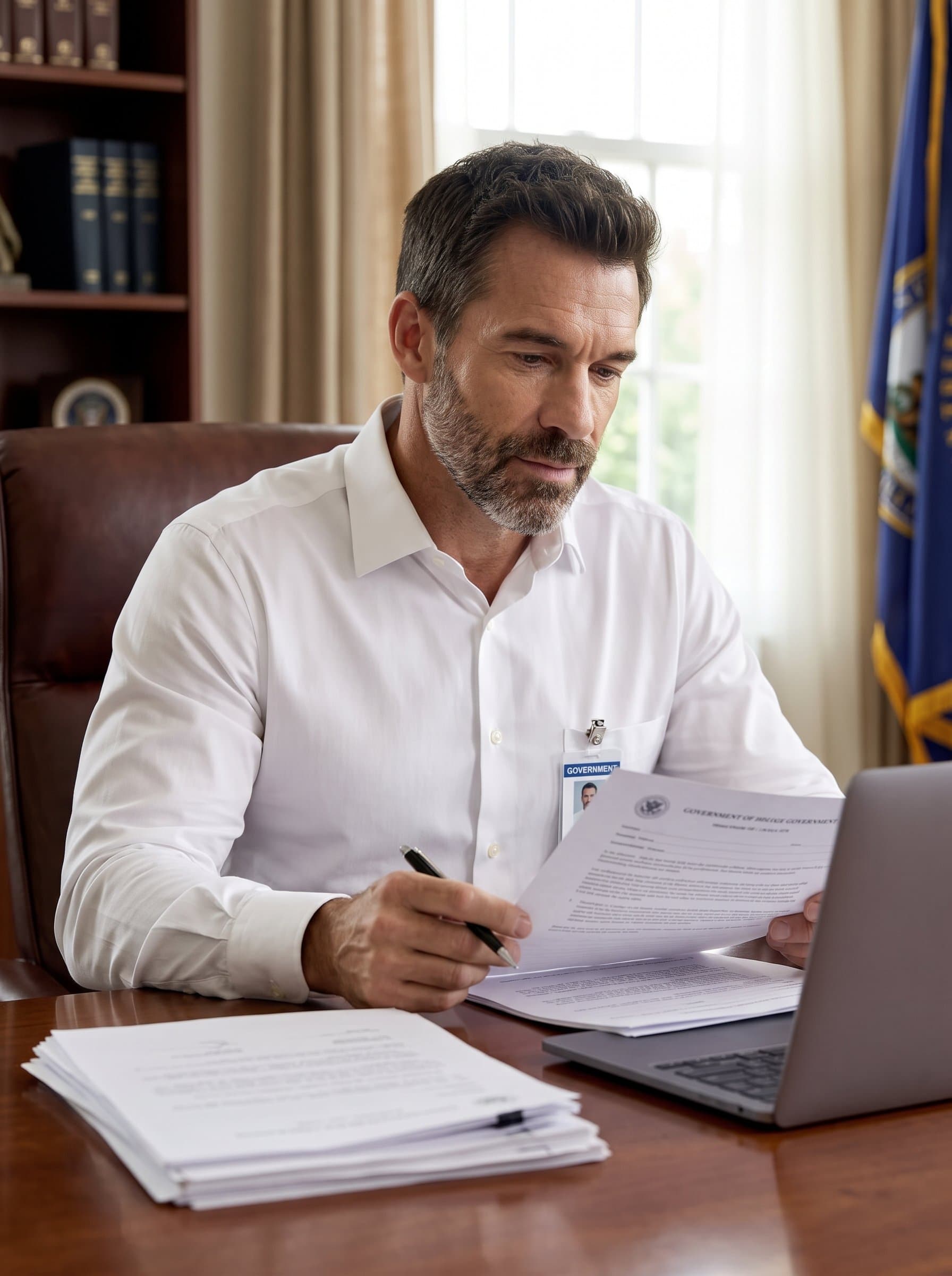 : Photograph a government employee seated at a polished wooden desk, focused on papers with a laptop open, wearing a crisp white shirt, exuding professionalism and accessibility. Photorealistic.