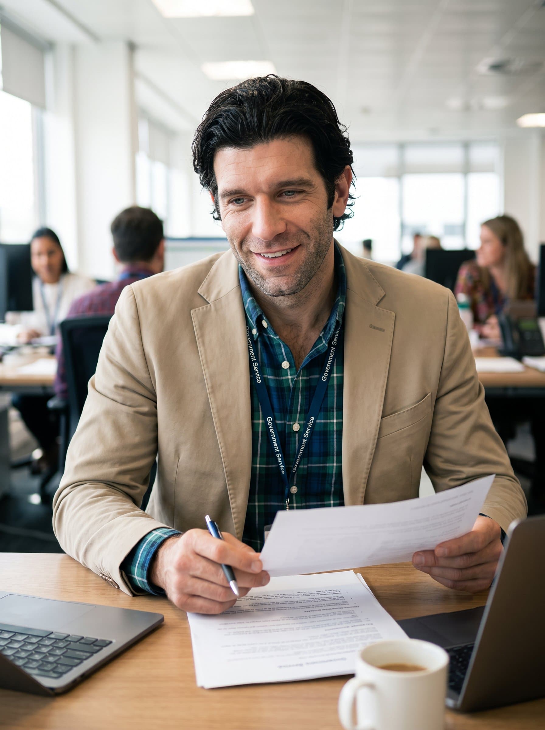 : Capture a candid moment of a government employee reviewing documents, wearing a plaid shirt under a neutral blazer, conveying competence and approachability in a professional setting. Photorealistic.