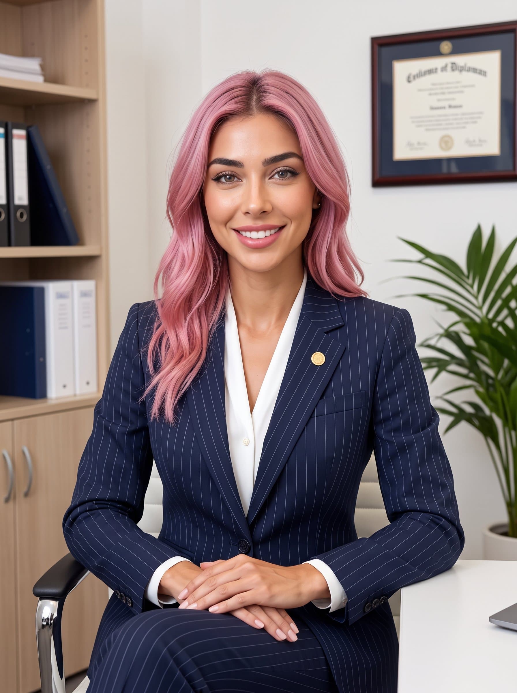 : Capture a government employee in a well-lit office, wearing a pinstripe suit, seated with hands folded, emanating professionalism and approachability suitable for official online profiles. Photorealistic.
