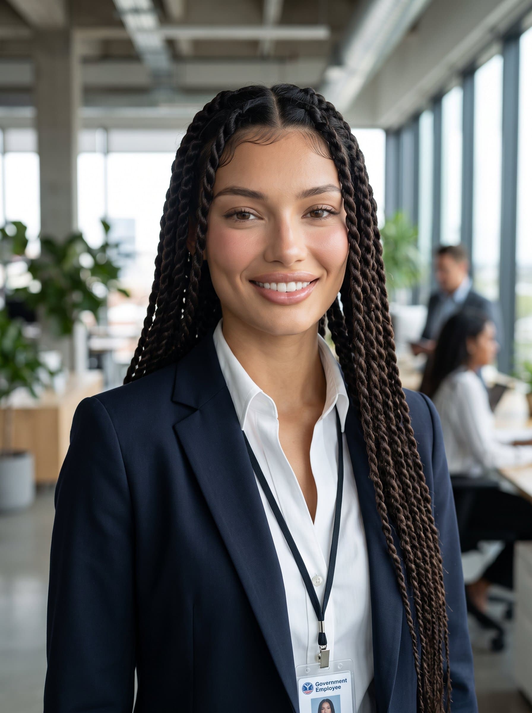 : Headshot of a government employee in a modern office space, wearing a dark suit with no tie, projecting a laid-back yet professional persona for networking platforms. Photorealistic.