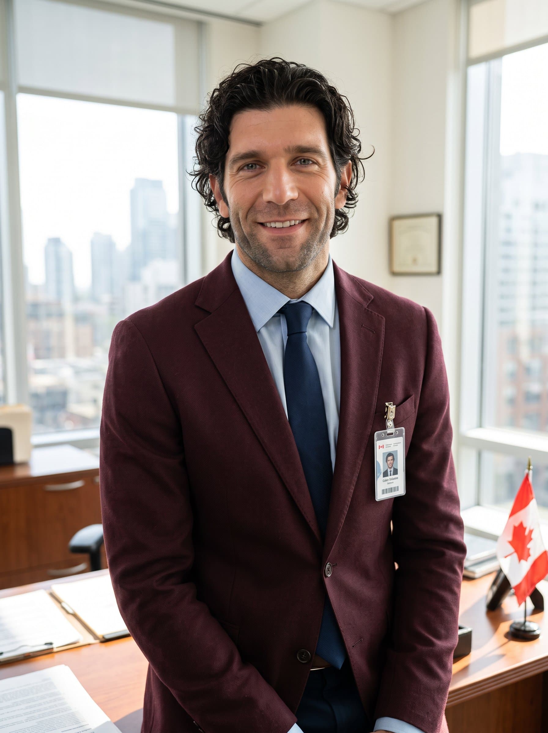: Portrait of a government employee in a sunlit office, wearing a burgundy blazer, looking confidently at the camera, exuding warmth and professionalism for official purposes. Photorealistic.