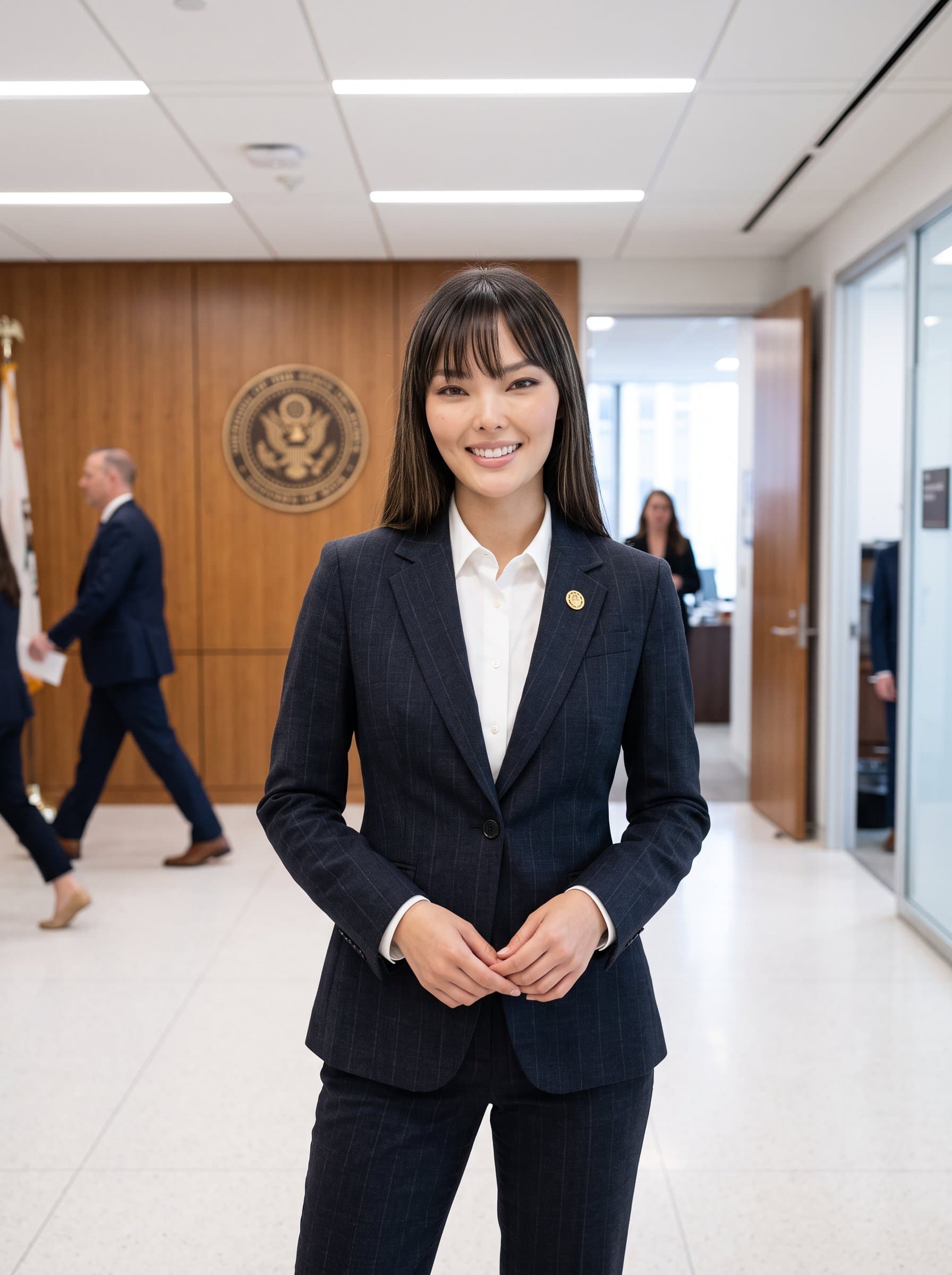 : Capture a government employee standing in a hallway, wearing a dark suit with a subtle pattern, giving a confident and approachable look, ideal for business and official profiles. Photorealistic.
