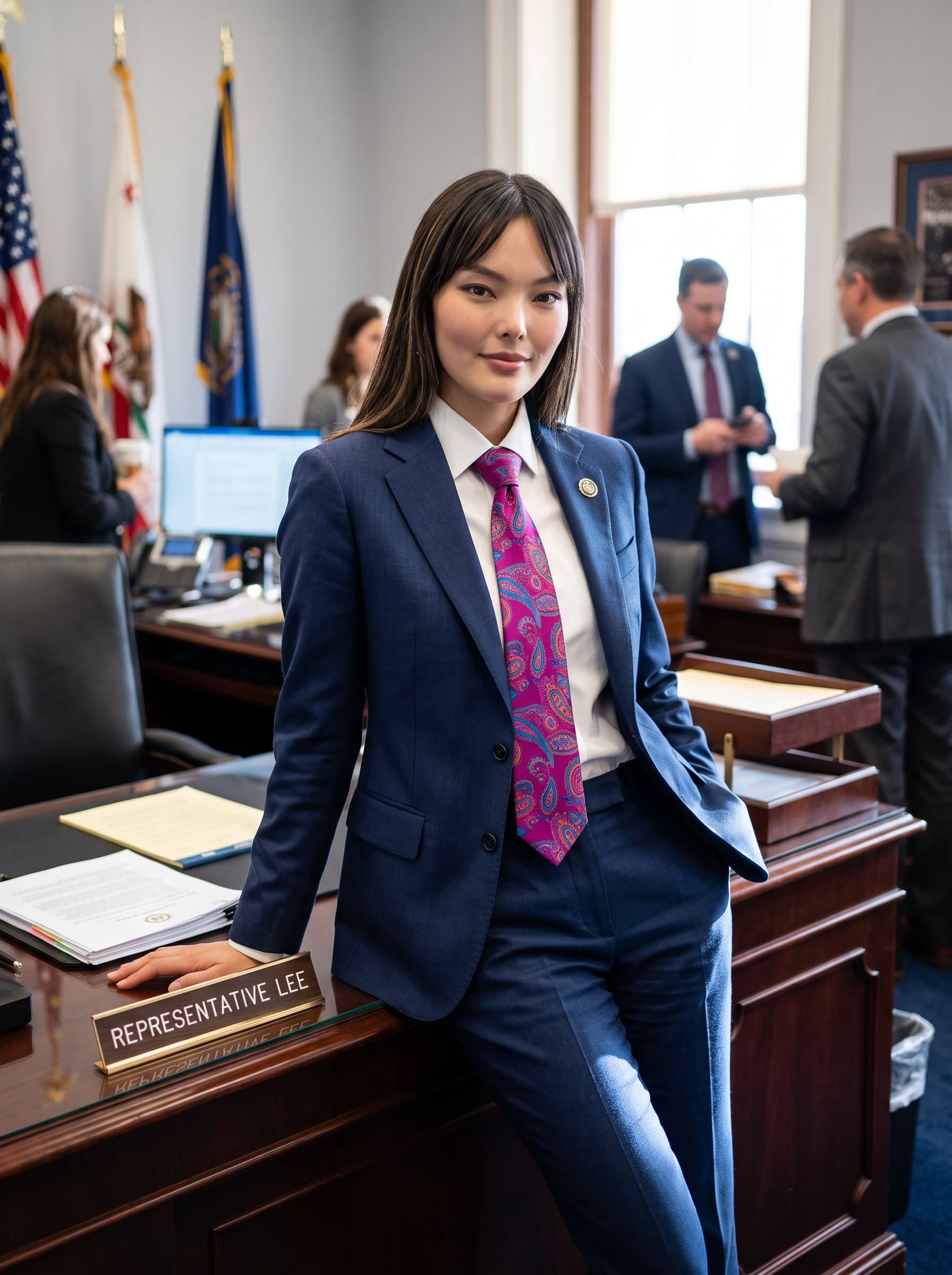 : Photograph a government employee leaning casually against a wooden desk, in a tailored suit with a vibrant tie, exhibiting a blend of professionalism and modern style. Photorealistic.