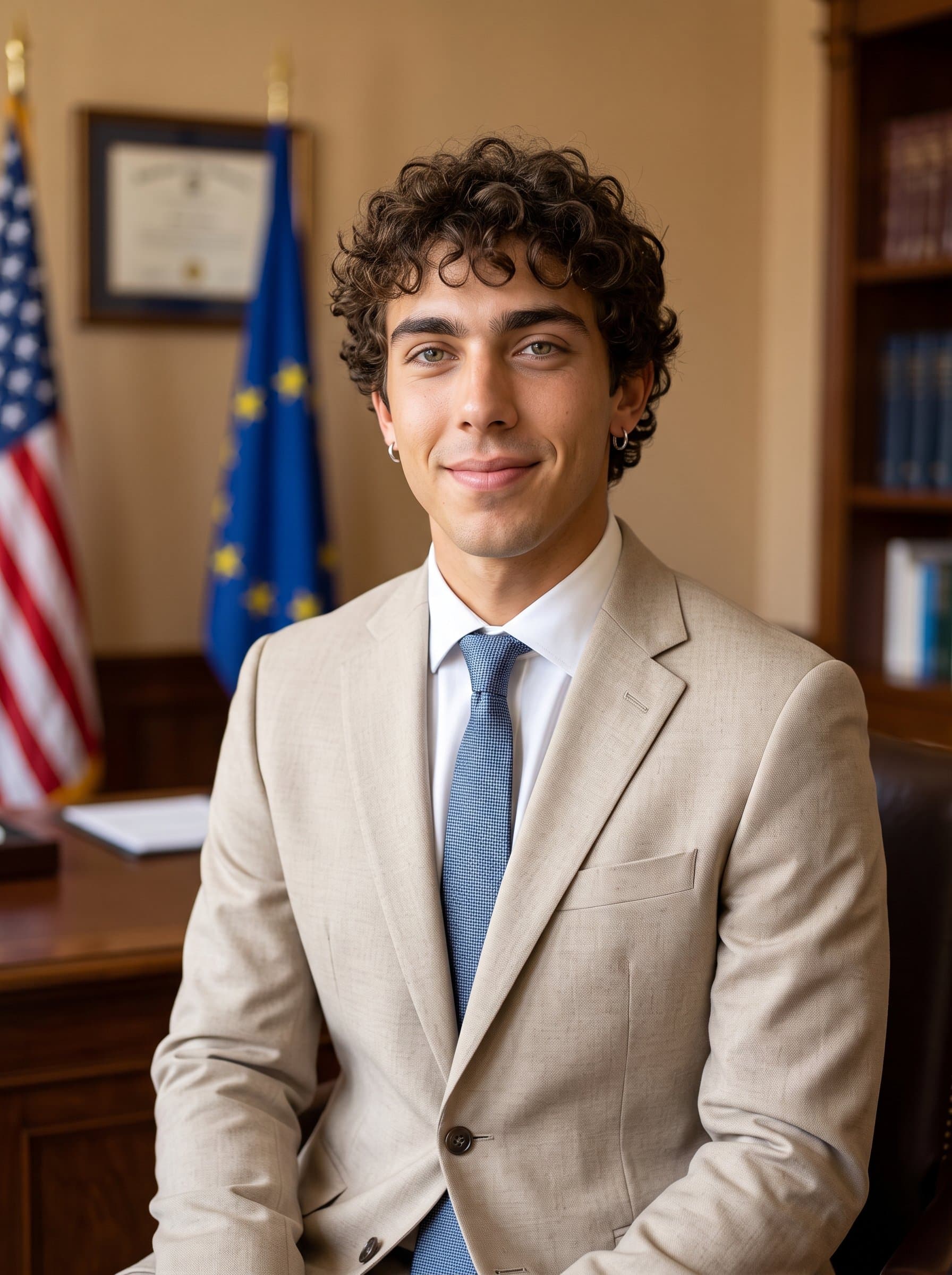 : Headshot of a government employee in an elegantly furnished office, wearing a light beige suit, smiling softly, radiating professionalism and friendliness for use on official documents. Photorealistic.