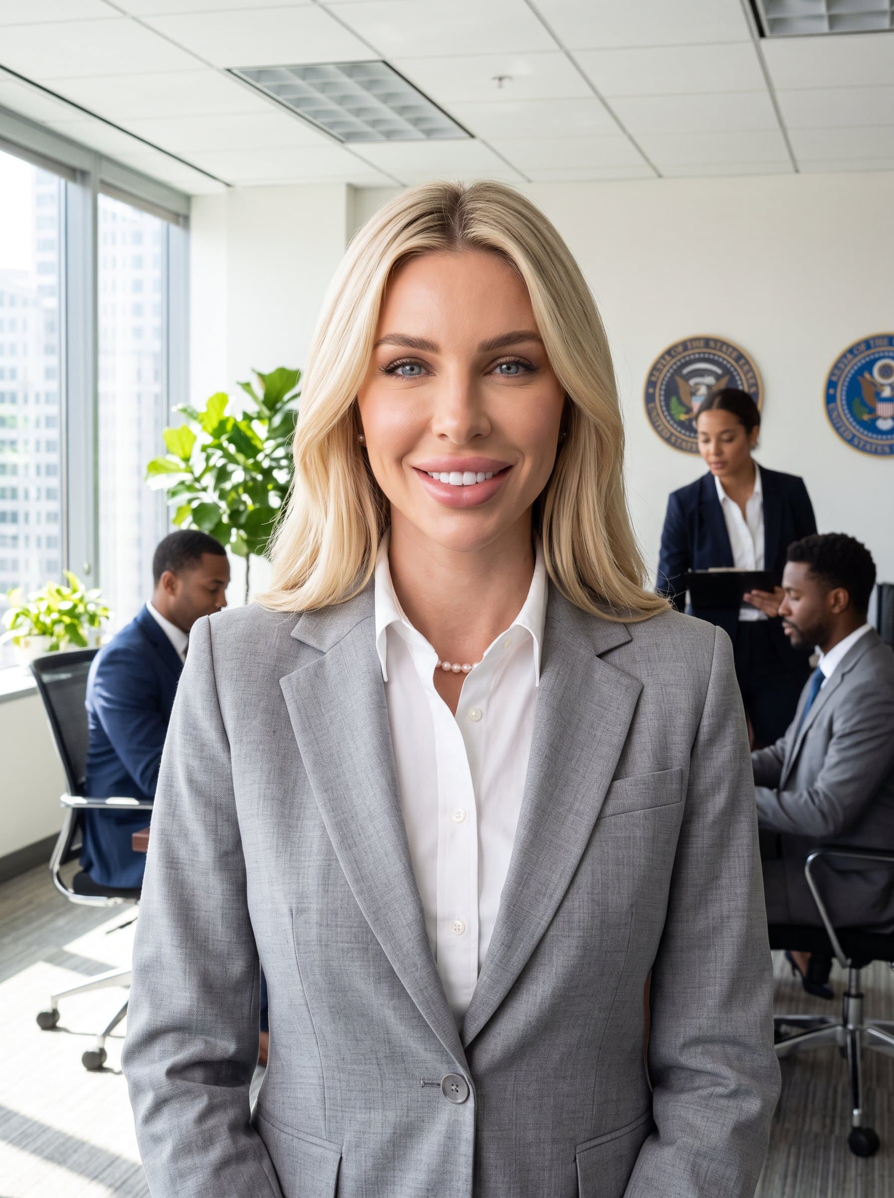 : Photograph a government employee in a bright office environment, wearing a light gray suit with a white shirt, looking directly at the camera with a confident yet friendly smile. Photorealistic.