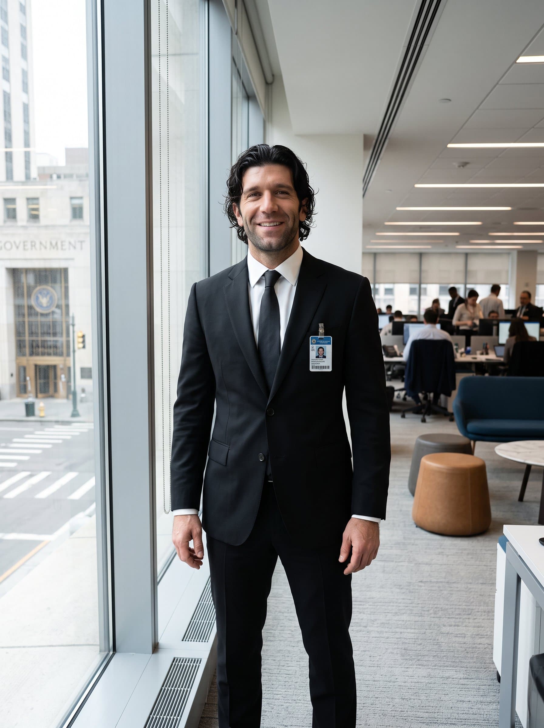 : Capture the image of a government employee standing by a large window, in a formal black suit, arms relaxed at sides, emanating confidence and approachability, suitable for professional use. Photorealistic.