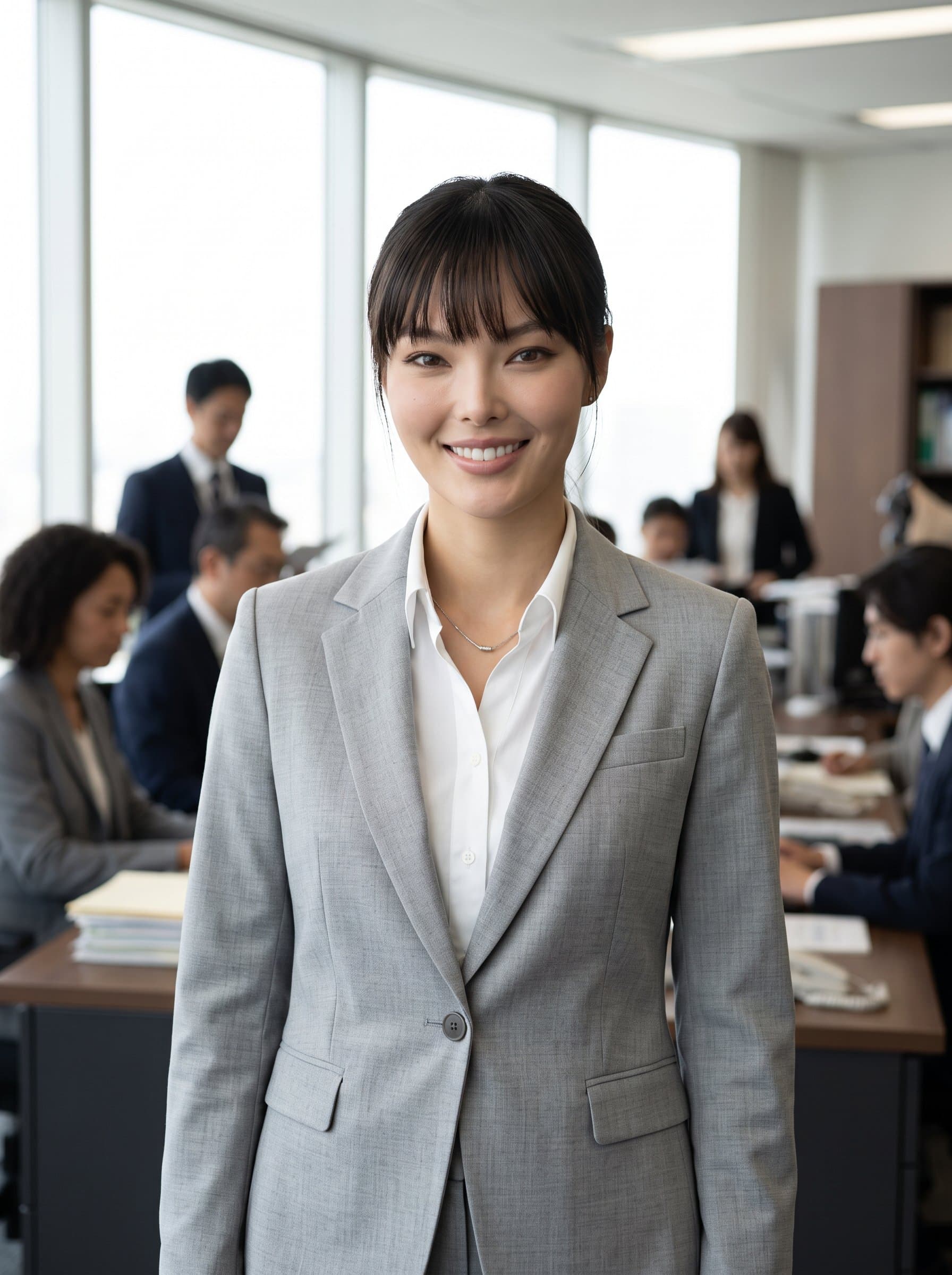 : Picture a government employee in a bustling office, wearing a light-colored suit, standing confidently with a slight smile, suitable for a professional headshot. Photorealistic.
