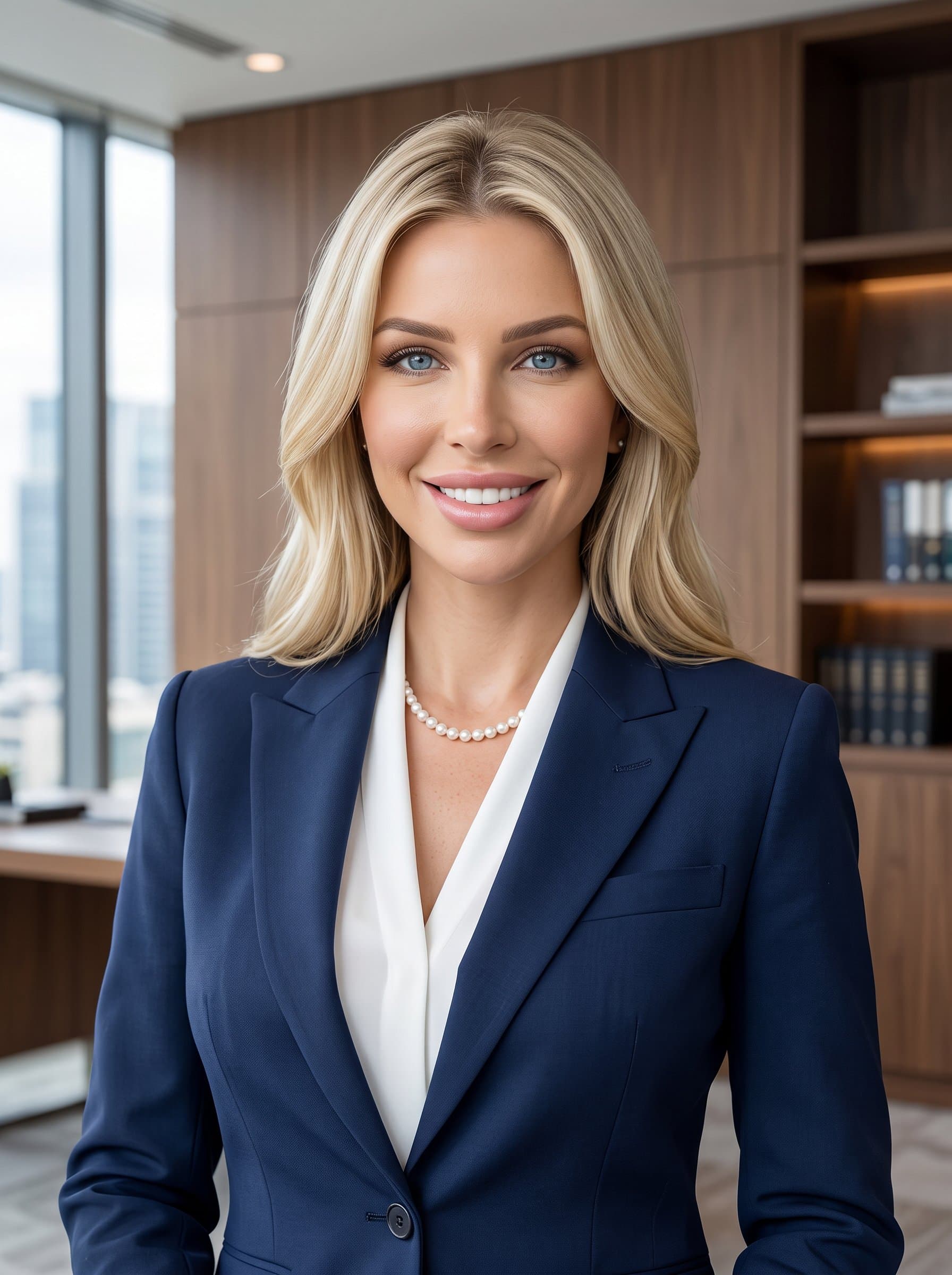 : Develop a photorealistic headshot portraying a banking professional in a neat suit, surrounded by an elegant office setting. Their approachable expression conveys reliability and competence.
