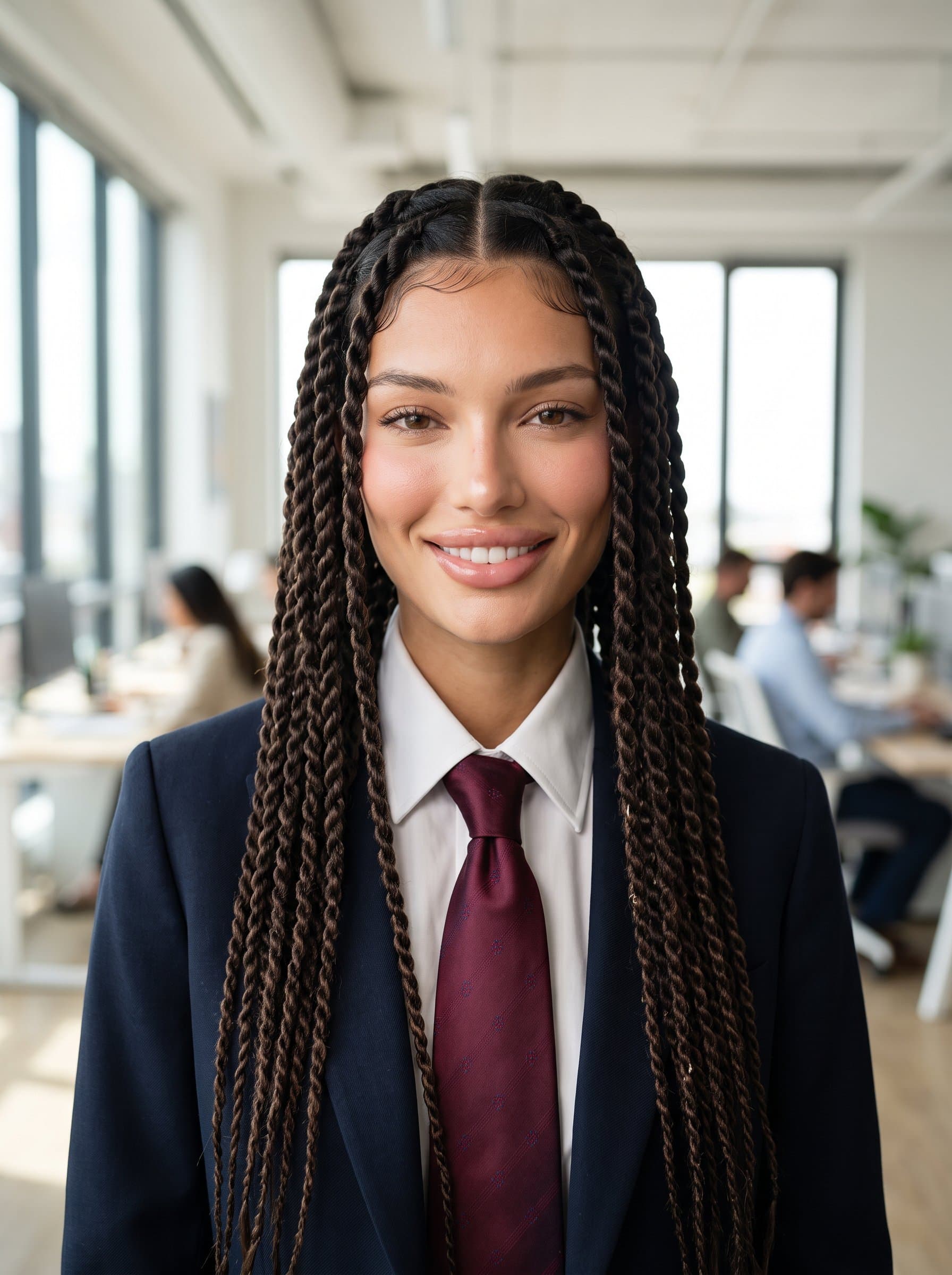 : Design an AI headshot featuring a banking professional with a confident smile, wearing a classic blazer and tie. The office's natural lighting enhances their leadership qualities, perfect for corporate websites.
