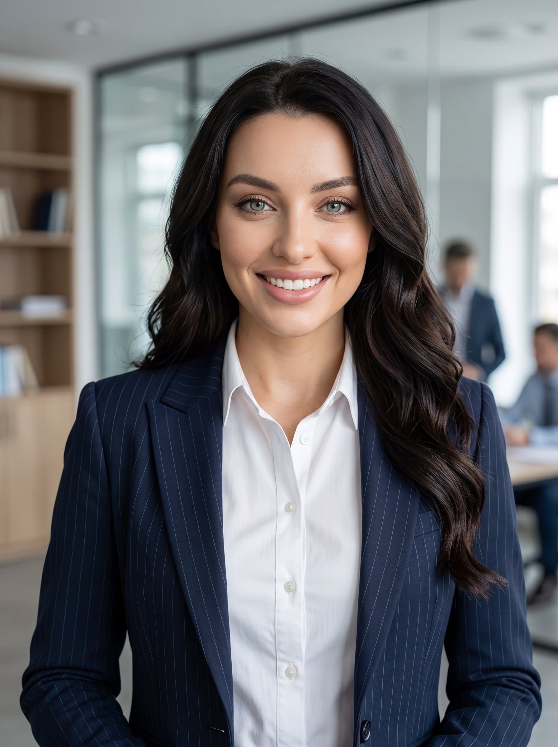 : Produce a high-definition headshot of a banking professional in a crisp shirt and jacket. The serene office setting and inviting expression make it suitable for LinkedIn or company profiles.