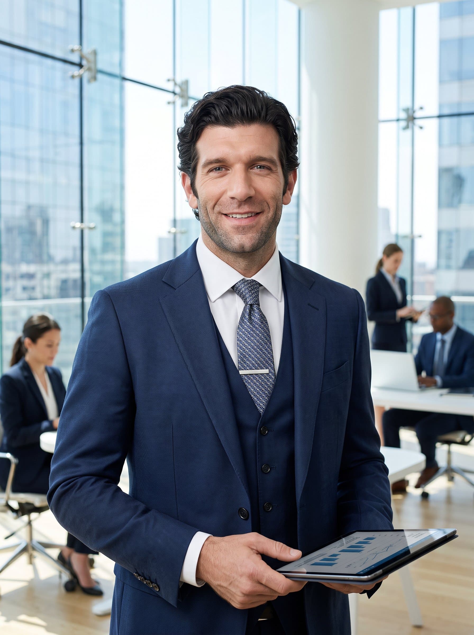 : Create an AI-generated image of a banking executive in formal attire, with a confident smile. The natural light and modern office backdrop highlight their dynamic professional presence.