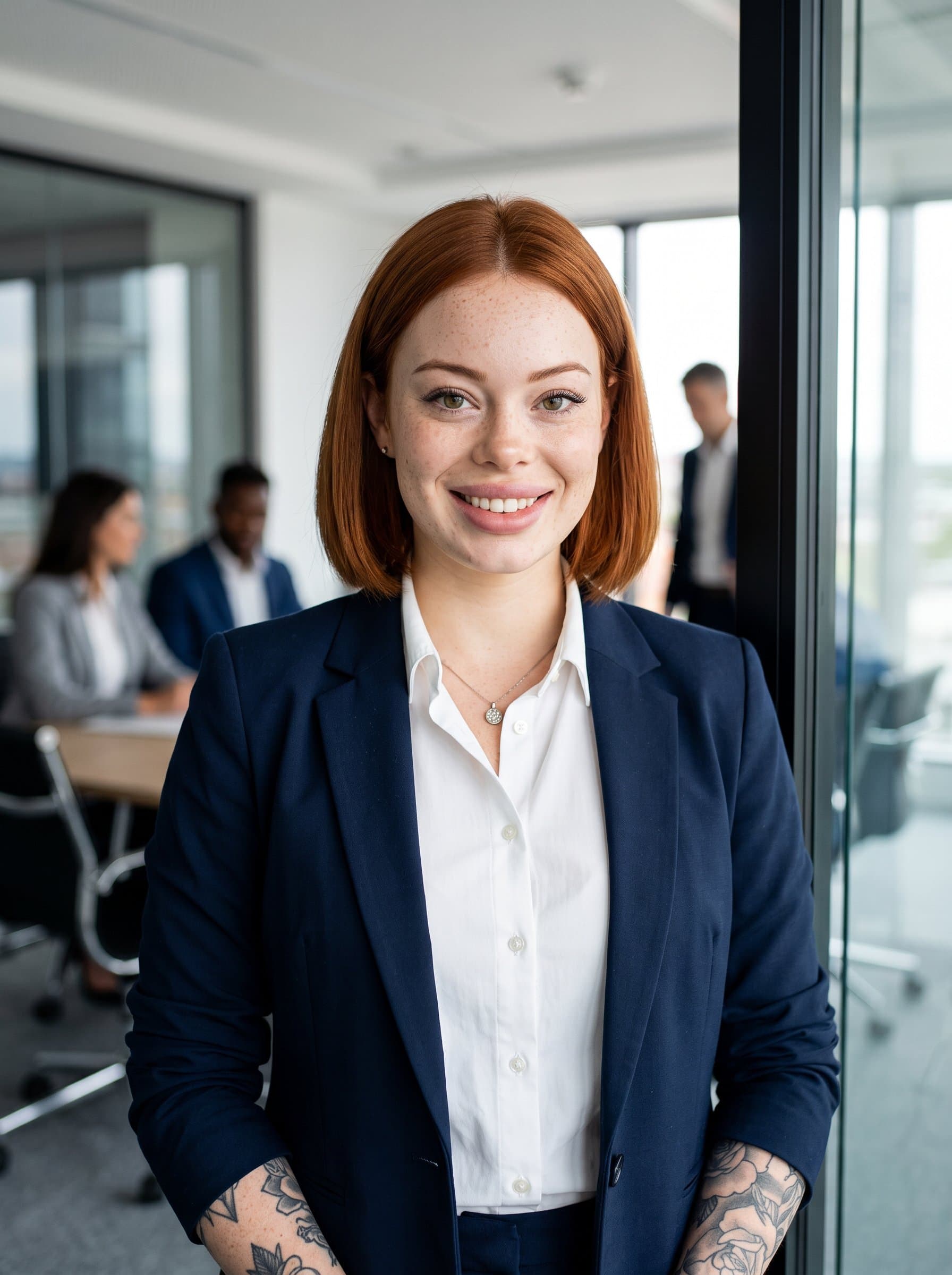 : Compose a headshot of a banking consultant with a welcoming gaze, dressed in formal attire. The modern office interior provides a professional context for their LinkedIn profile image.