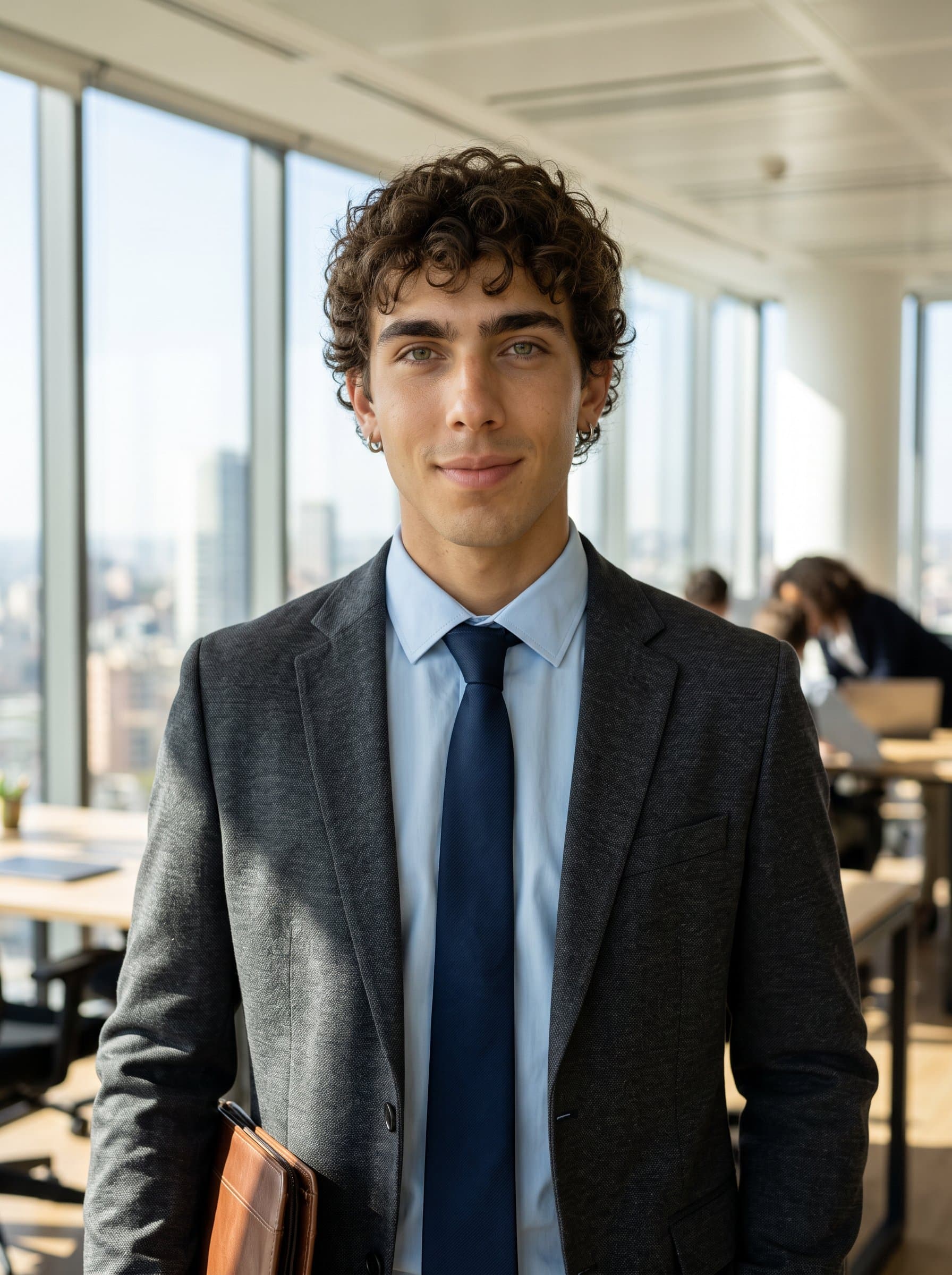 : Capture a photorealistic portrait of a banking professional in an elegant blazer, poised confidently in an office. The natural lighting reflects their expertise and dedication.