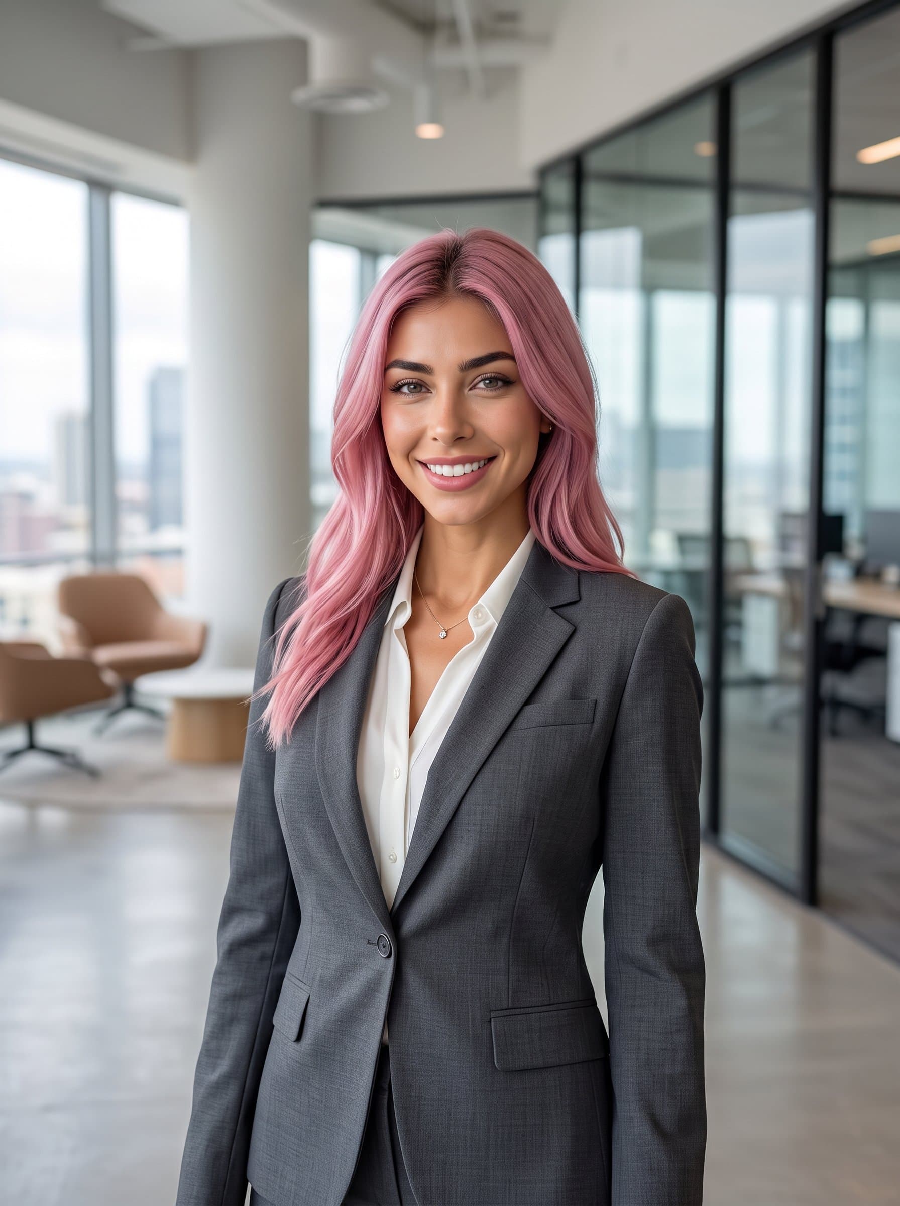 : Create a photorealistic AI headshot of a banking professional in a tailored suit, standing confidently in a modern office. The soft natural lighting accentuates their approachable demeanor, ideal for a LinkedIn profile.