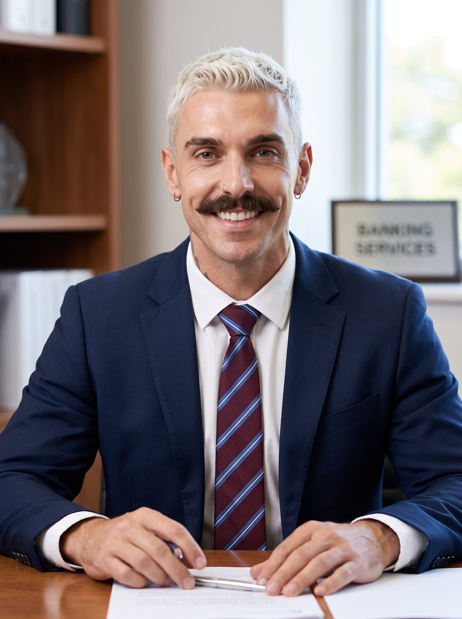 : Capture a high-resolution headshot of a banking expert in formal business attire, seated at a desk. The subtle office background and warm expression convey professionalism and trustworthiness.