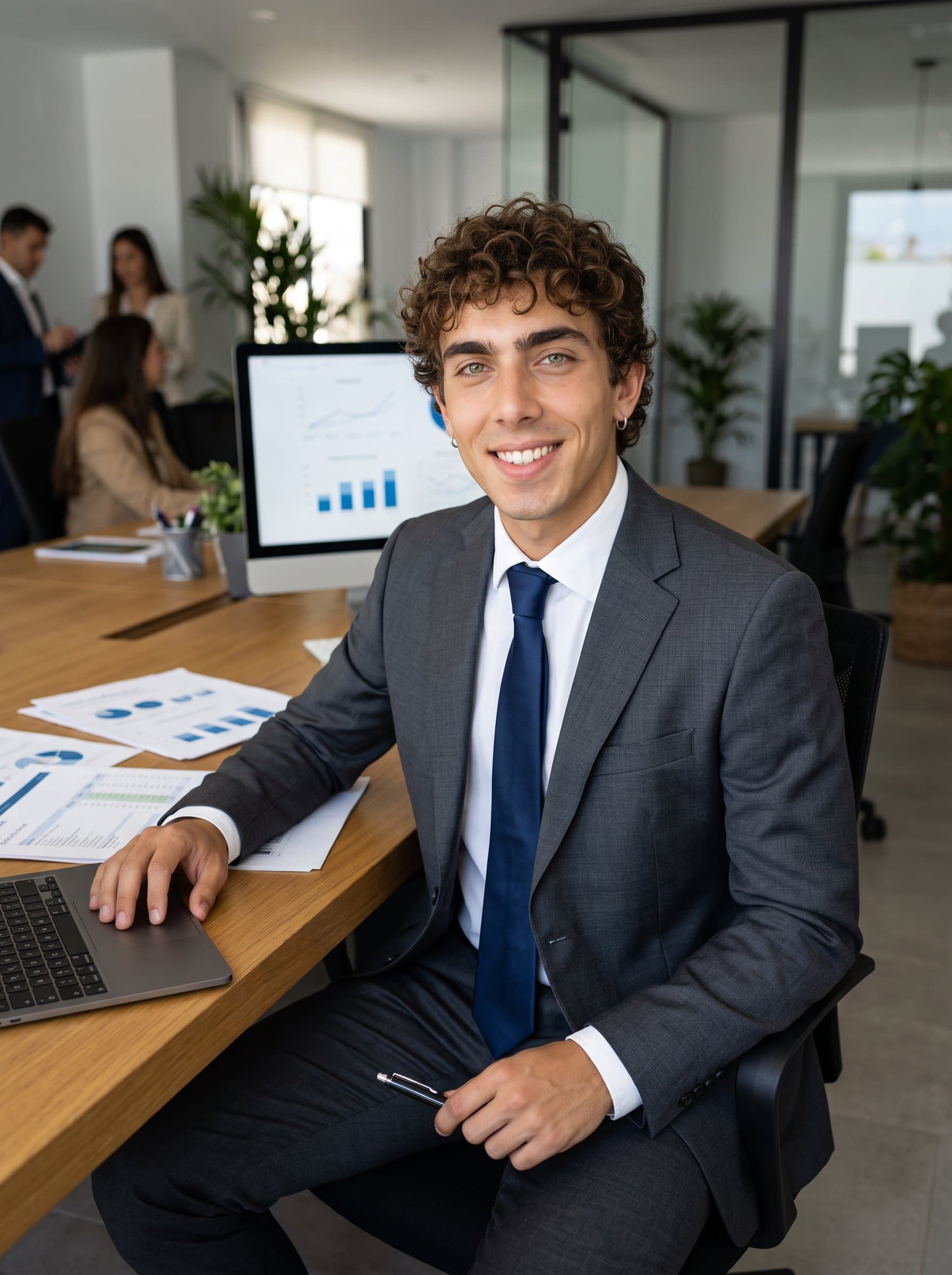 : Render a high-resolution image of a banking professional in a tailored business suit, smiling amicably at their desk. The office background adds a touch of authenticity and professionalism.