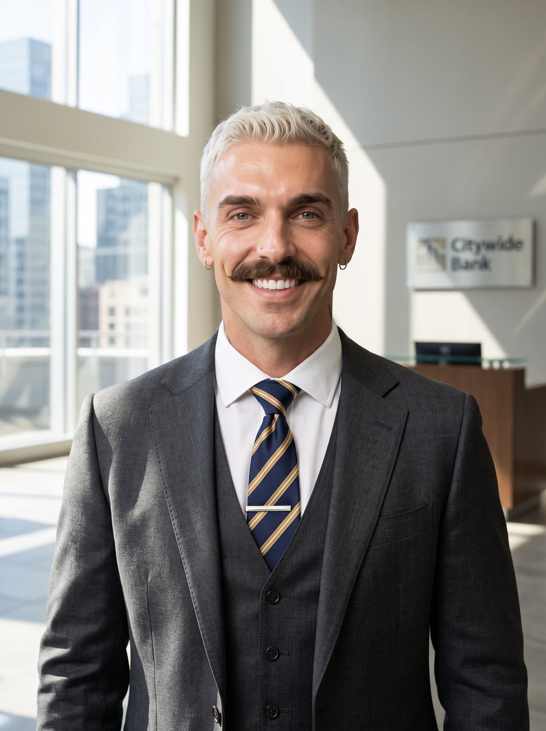 : Fashion an AI headshot depicting a banking professional in formal attire, their confident expression framed by an office environment. The image embodies trust and professionalism.