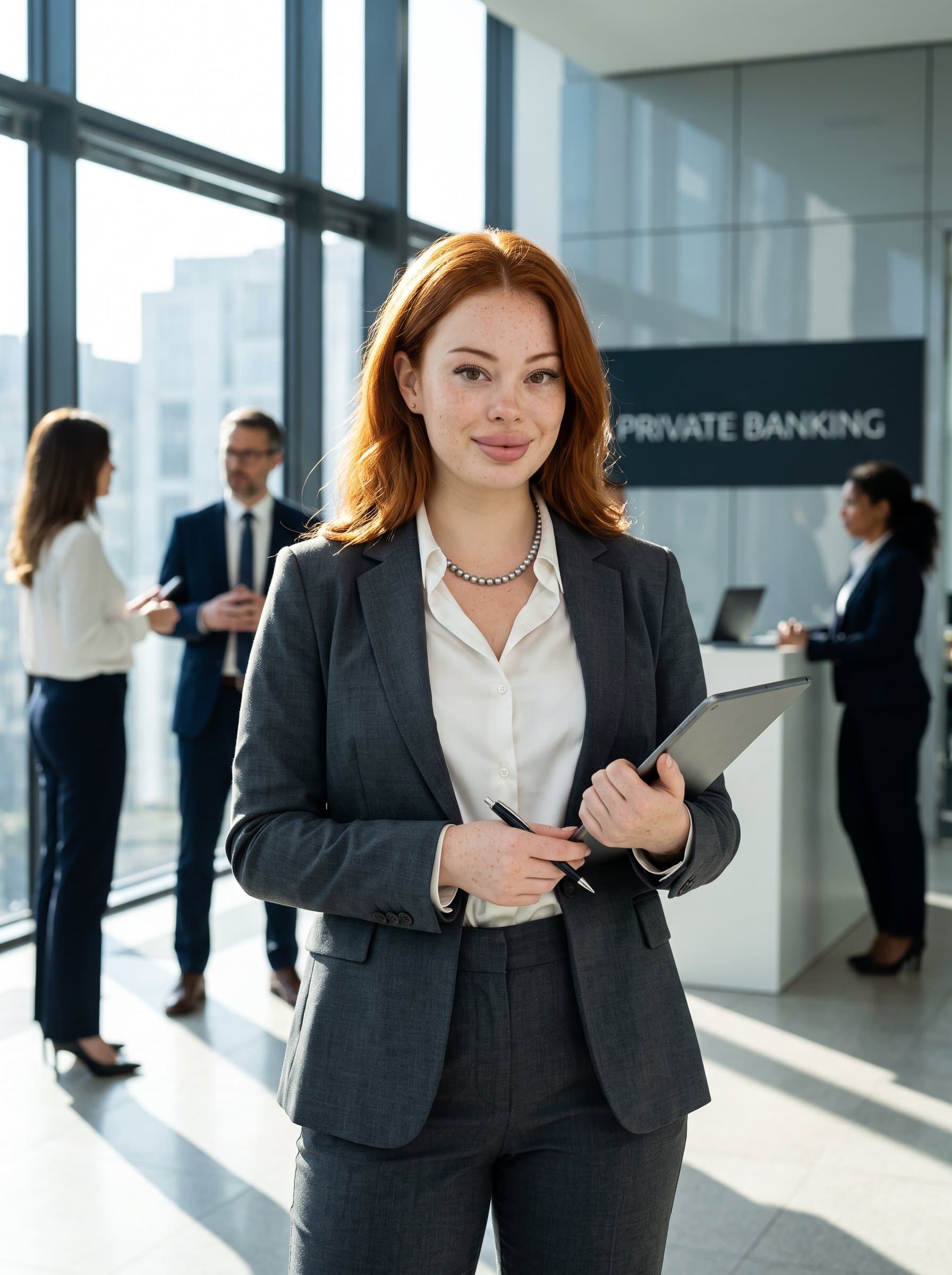 : Illustrate a photorealistic portrait of a banking advisor in a sophisticated business outfit. They stand assuredly in an office, with a warm expression suitable for corporate branding.