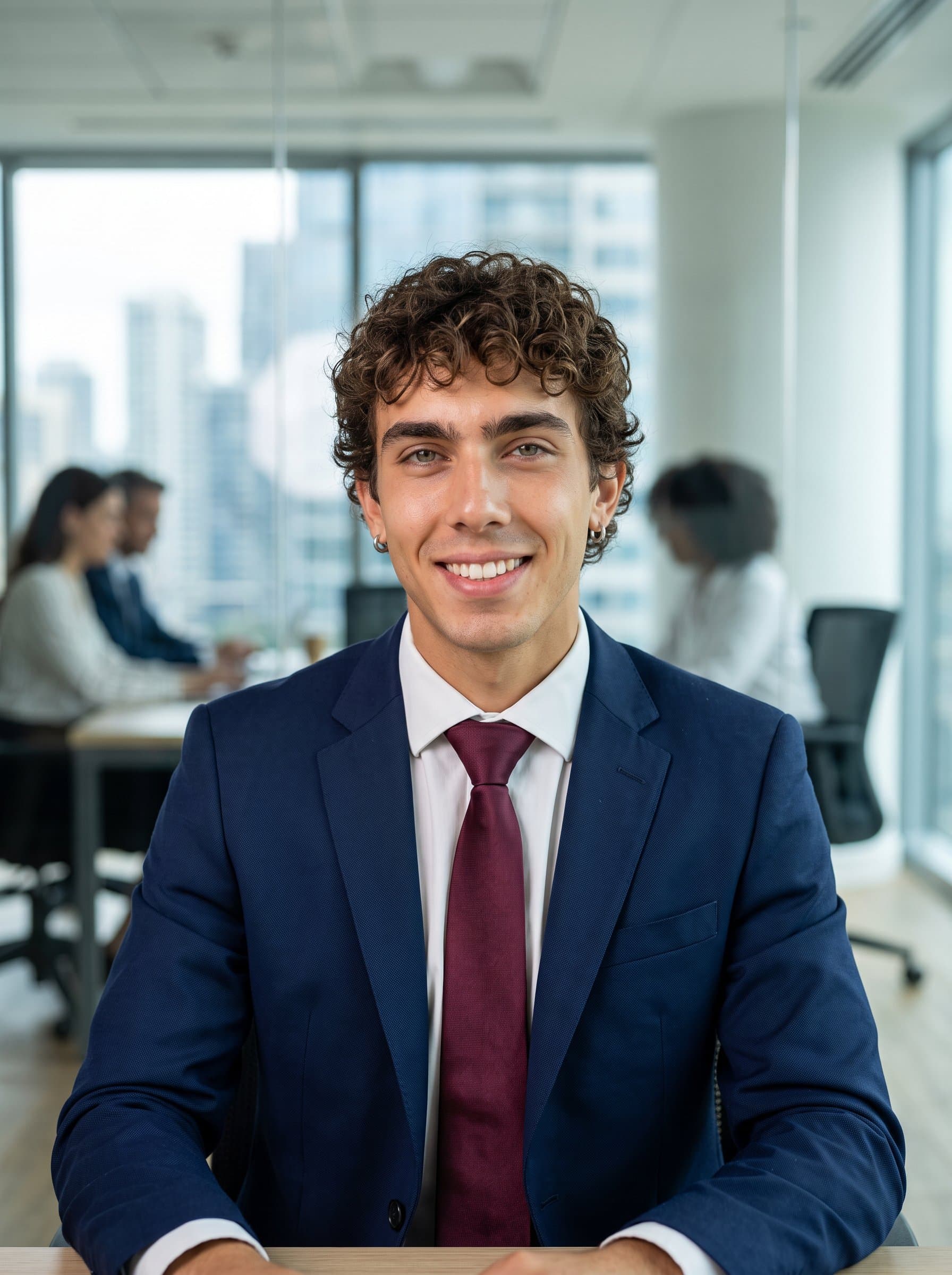 : Design a polished headshot of a banking professional dressed in a business suit, exuding warmth and confidence. The office background lends authenticity to this corporate-ready image.
