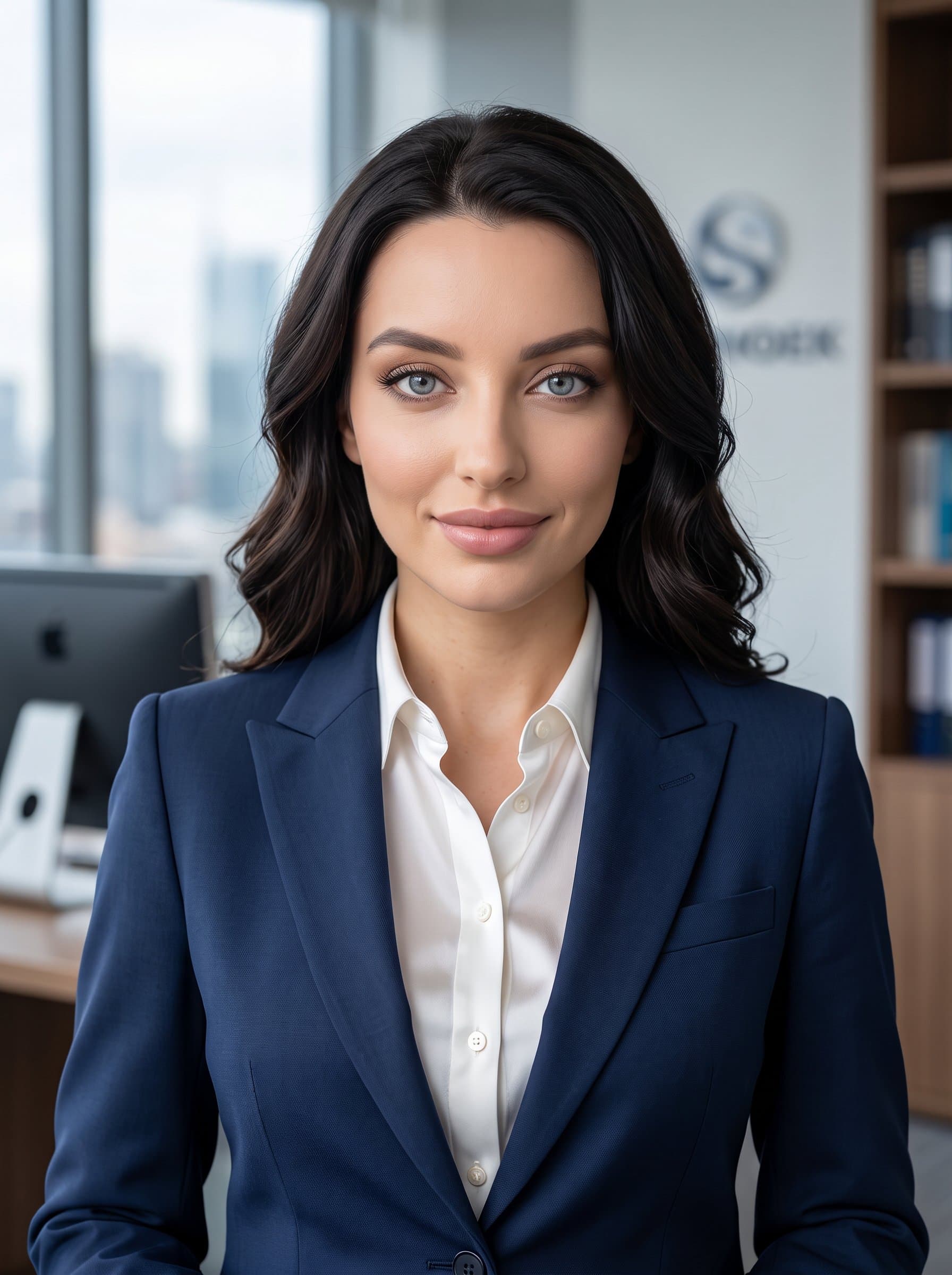 : Present a detailed headshot of a banking executive with a friendly yet professional look. They wear a sharp business suit against an office backdrop, ideal for corporate communications.