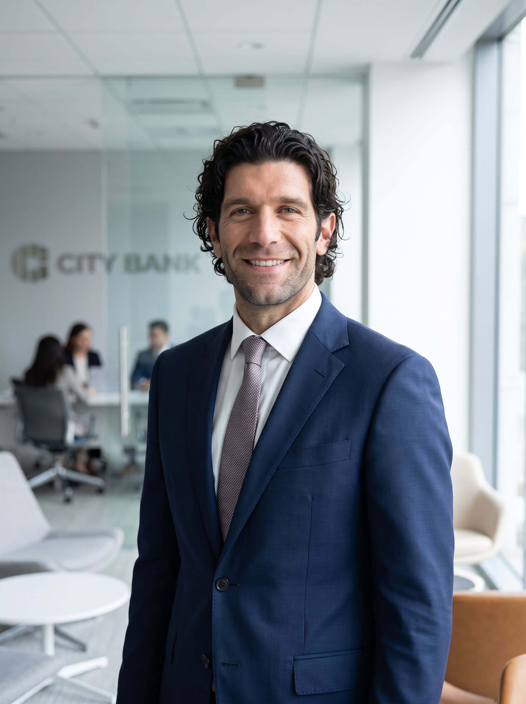 : Illustrate a high-definition portrait of a banking professional with a trusting smile, clad in business attire. The contemporary office background enhances their image as an industry expert.