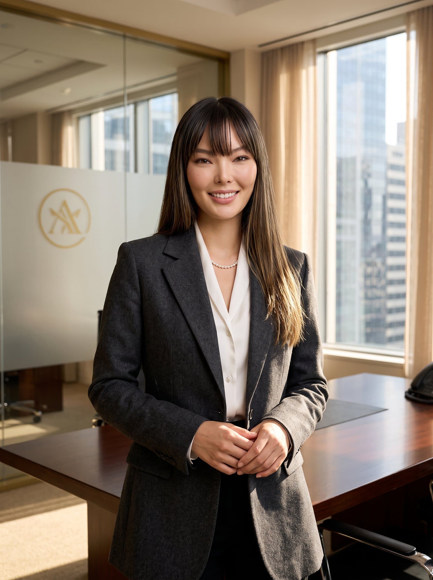 : Generate a professional image of a banking woman in formal attire, radiating assurance. The elegant office setting and natural light highlight their role as a financial leader.