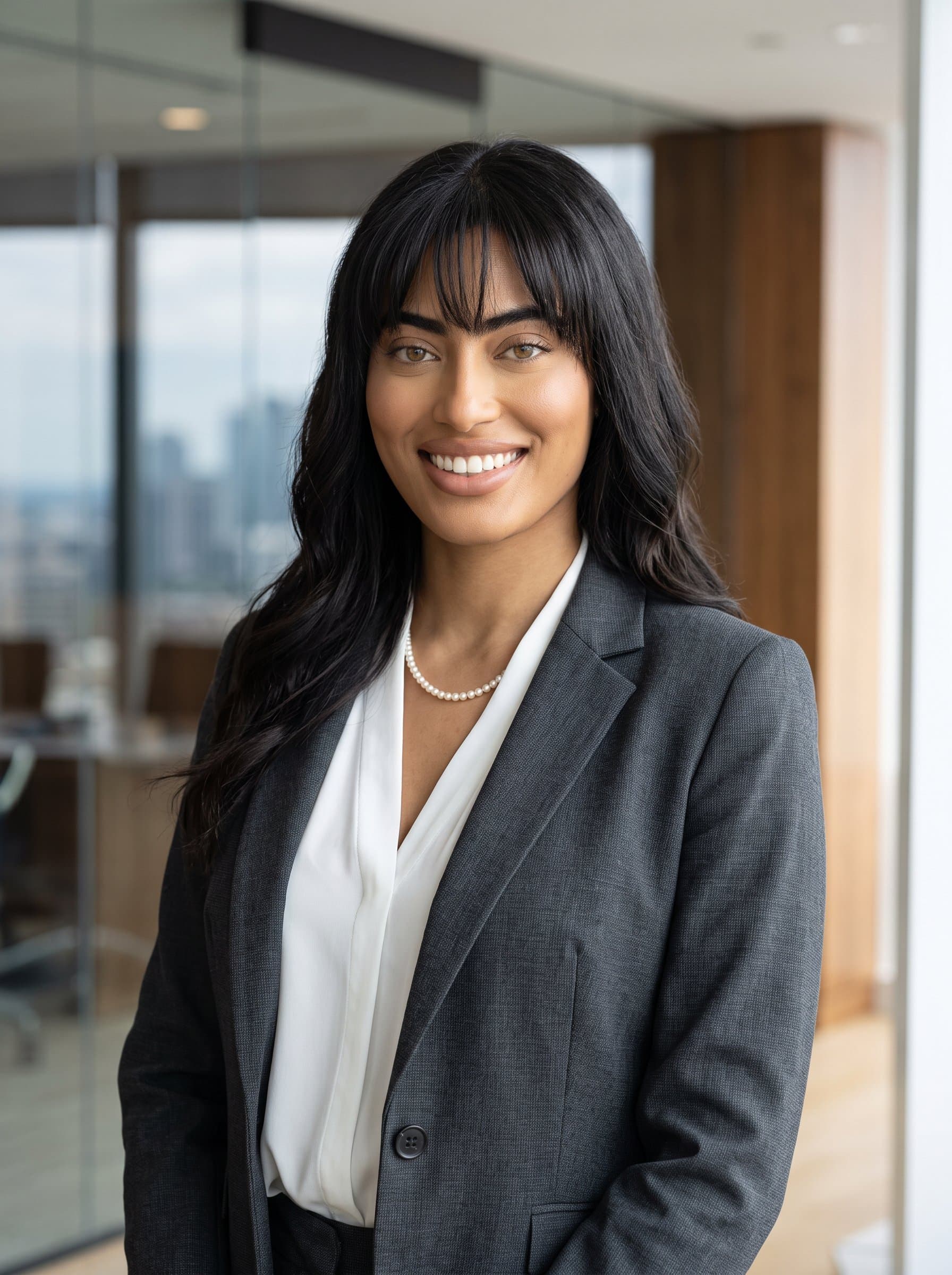 : Craft a realistic headshot of a banking leader with a confident air, dressed in formal business attire. The office ambiance provides a fitting context for their LinkedIn presence.