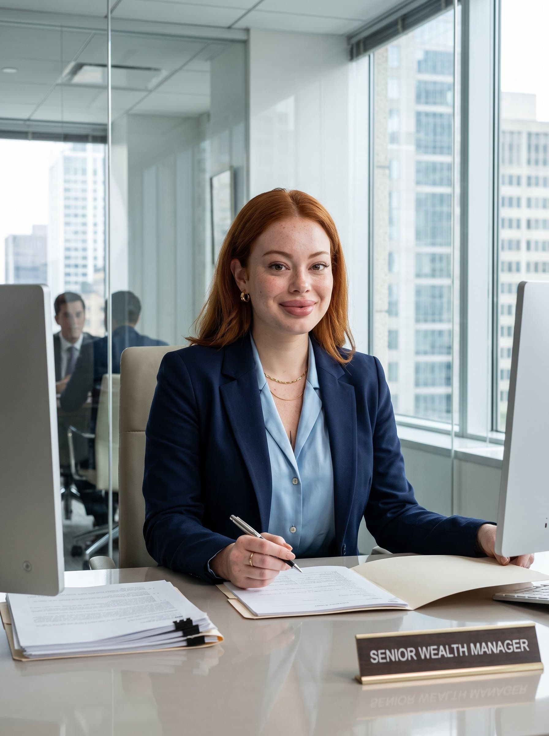: Create a lifelike image of a banking expert in business wear, with an approachable demeanor. Their office surroundings are subtly included, enhancing the sense of professionalism.