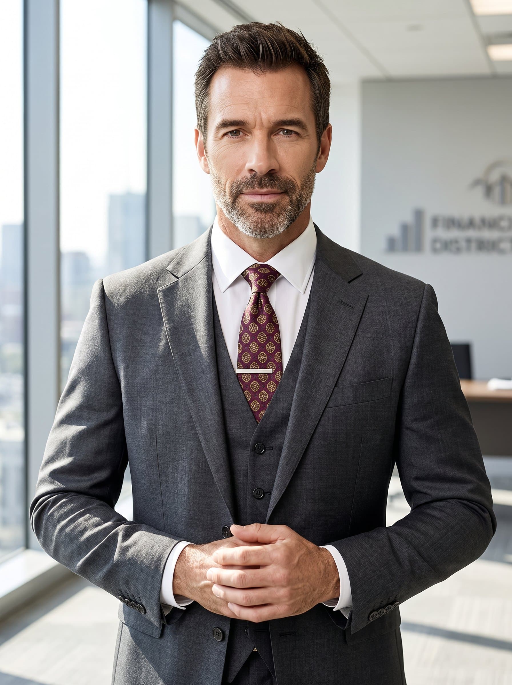: Craft a headshot of a banking professional exuding confidence, wearing business formal attire. The office environment, combined with natural lighting, underscores their commitment to excellence.