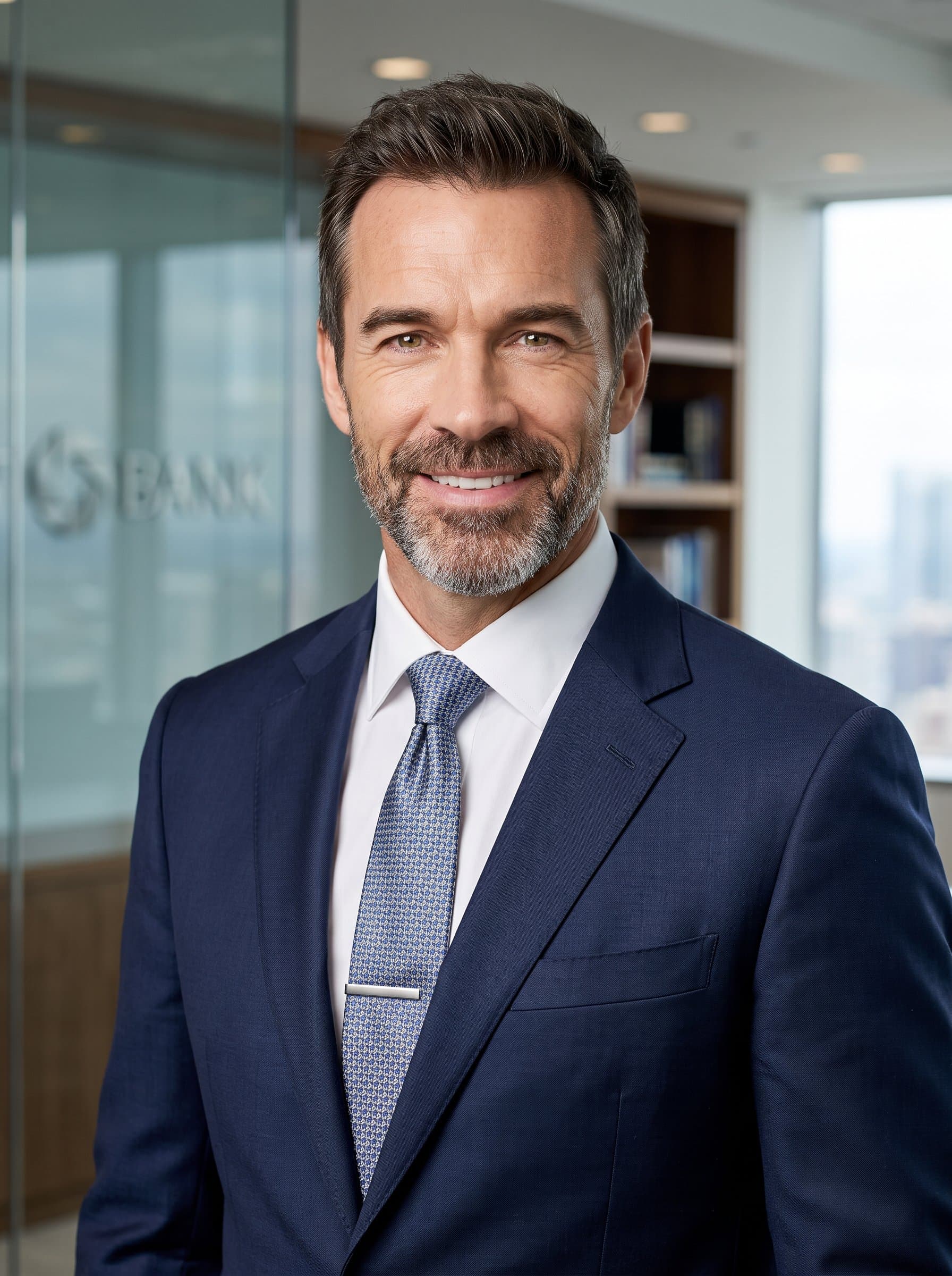 : Develop an AI headshot of a banking professional in a smart suit, bearing a pleasant expression. The office decor subtly frames the image, reflecting their professionalism.