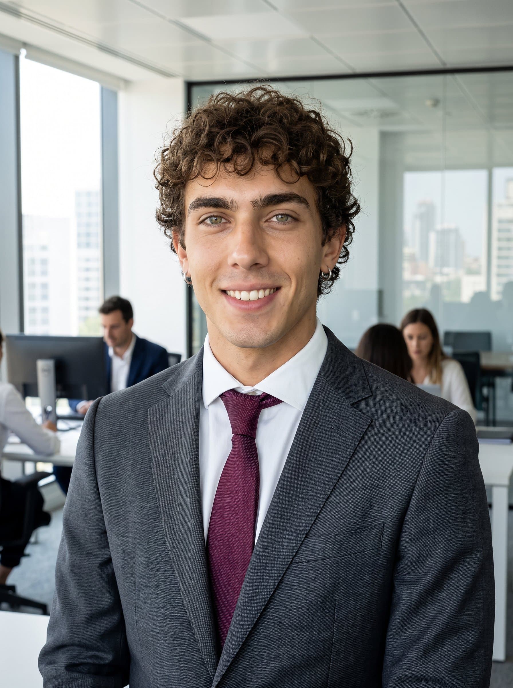 : Generate a photorealistic portrait of a banking analyst with an engaging expression. They are dressed in business attire, with a blurred office environment behind them, exuding expertise and approachability.
